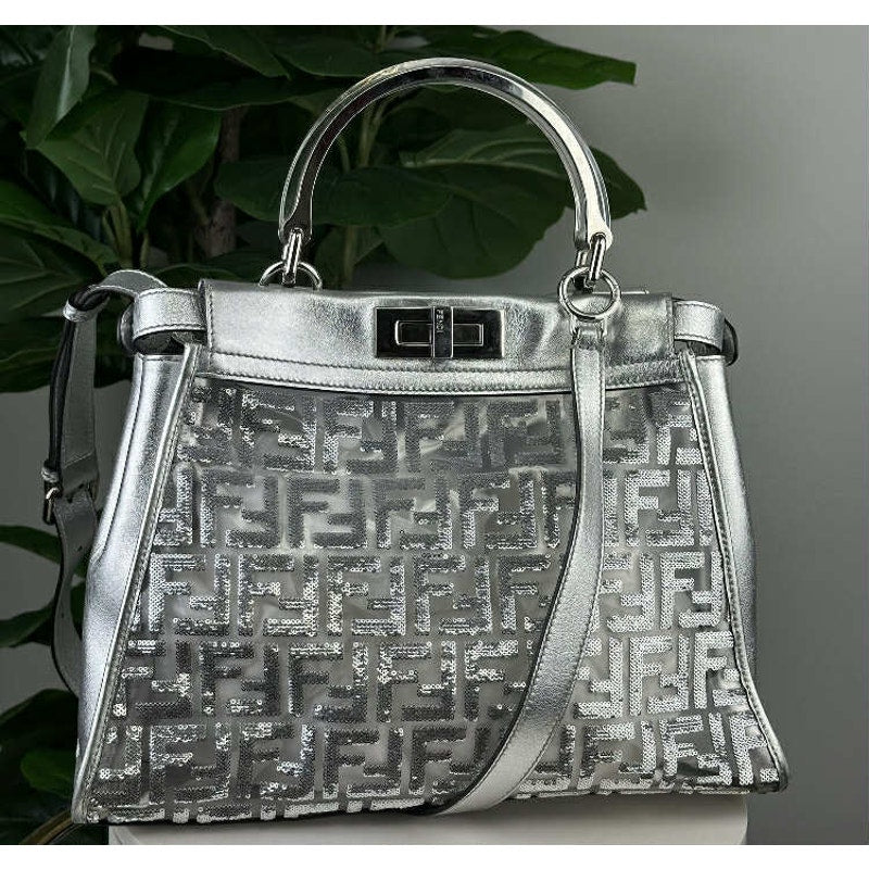 LIMITED EDITION FENDI PVC Vitello Catalan Mirror Sequin FF Medium Peekaboo Satchel