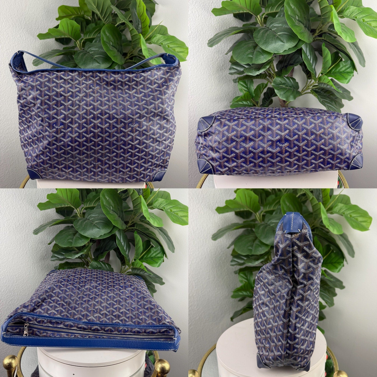 Goyard Coated Canvas Blue Hobo Zip Shoulder Bag Authentic Pre Owned