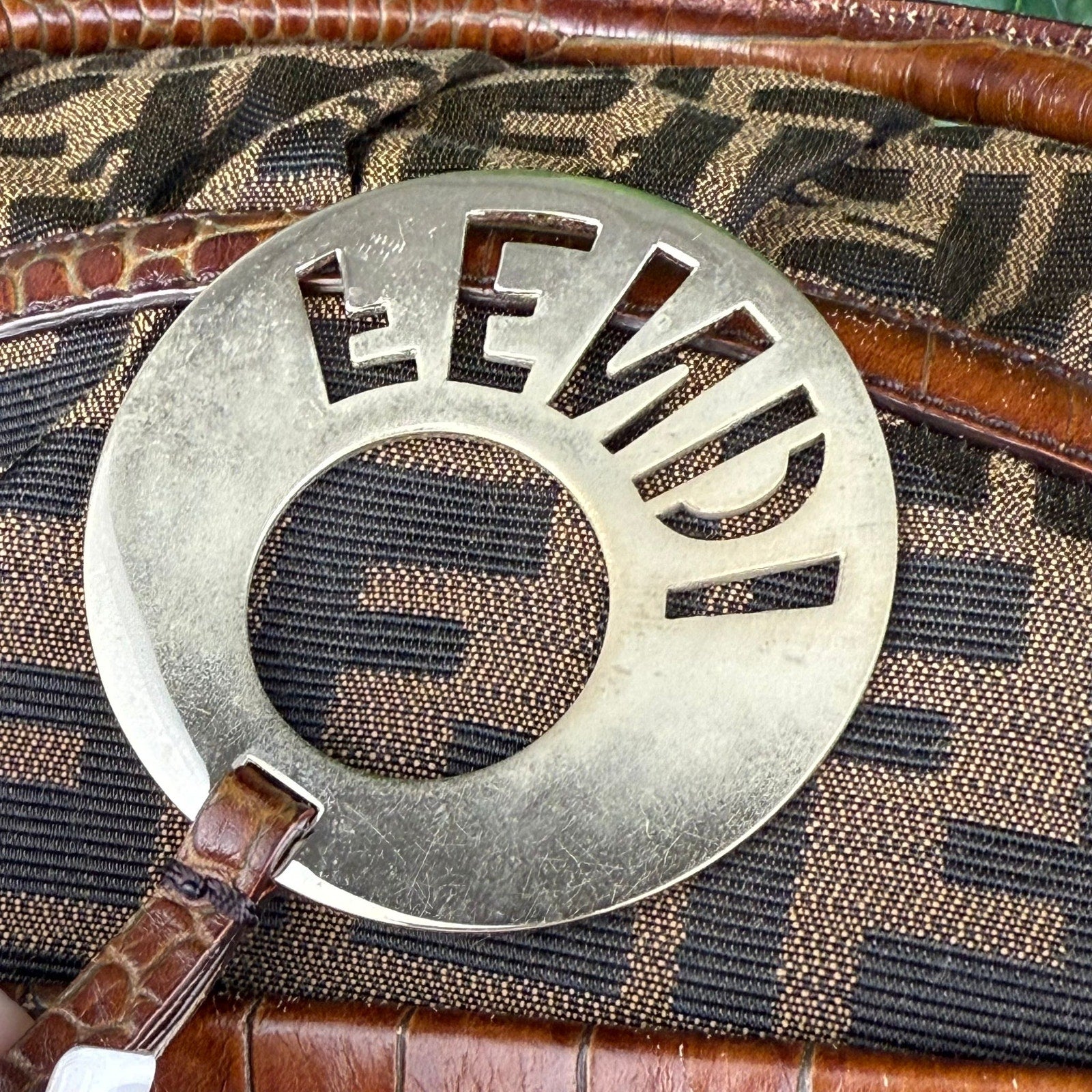 Authentic Fendi Tobacco Zucca print Croc Embossed Chef Tote Bag
