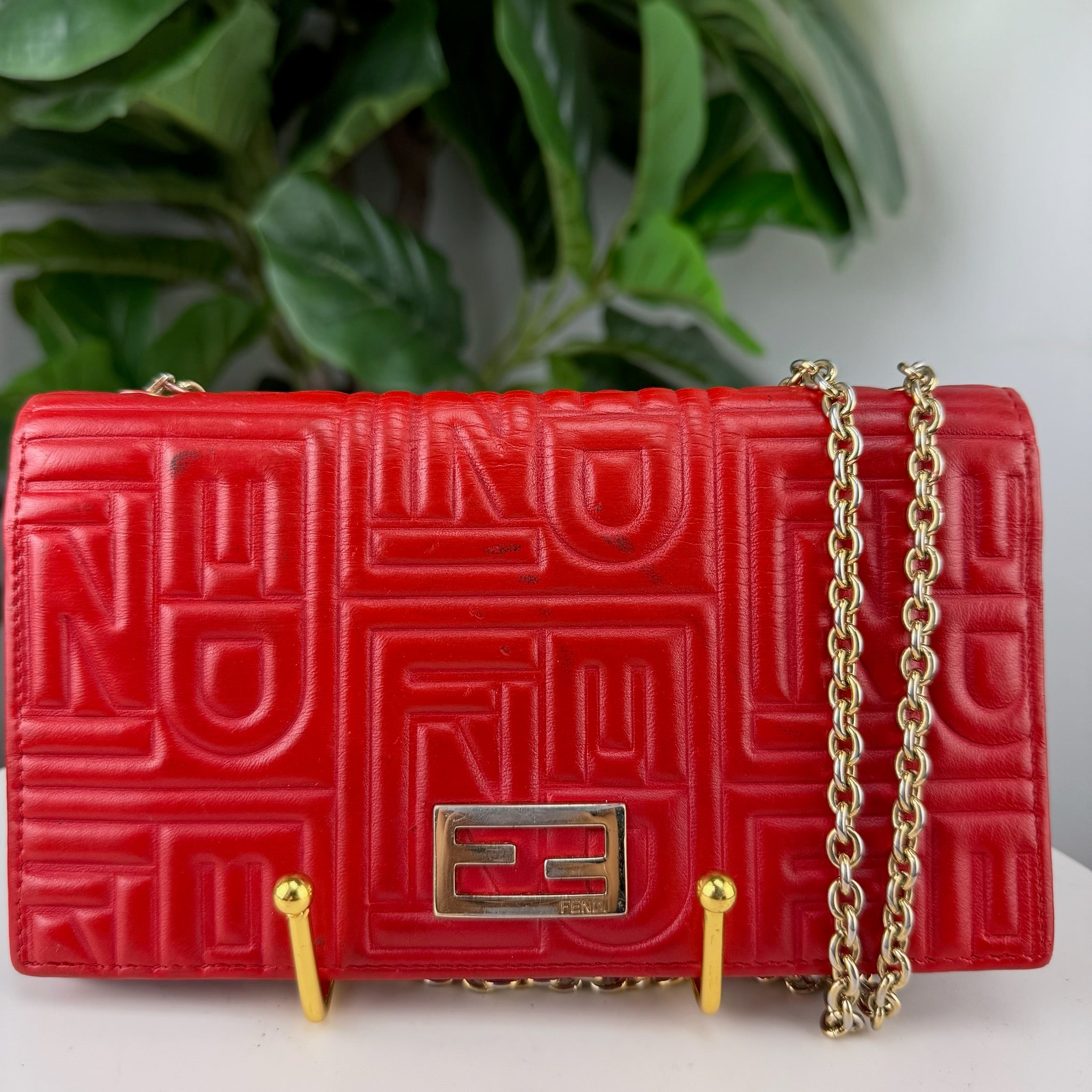 Authentic Fendi Roma Embossed Logo Wallet on Chain - front