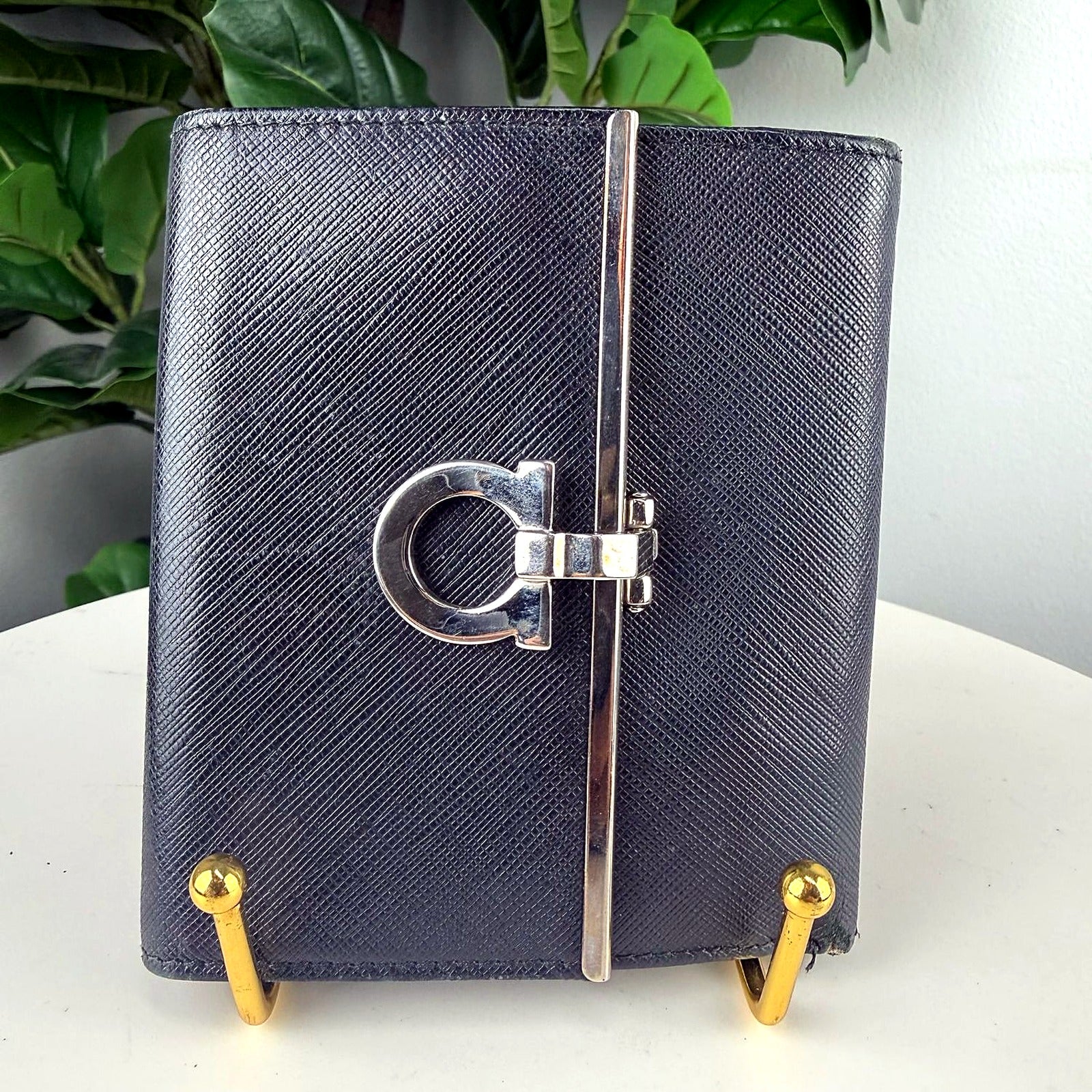 Authentic Salvatore Ferragamo Black Saffiano Leather Gancini Wallet