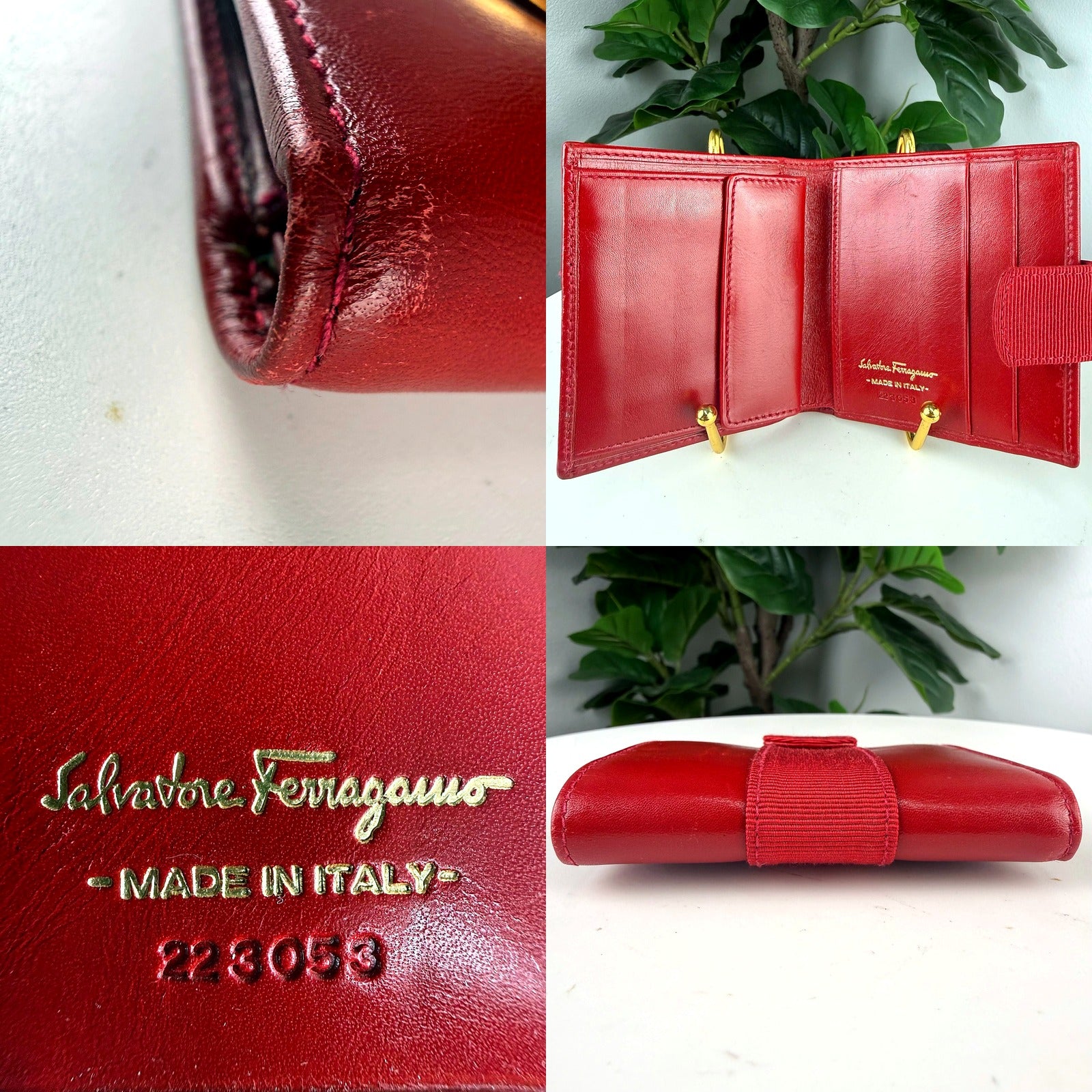 Authentic Salvatore Ferragamo Red Leather Vara Bow Trifold Wallet