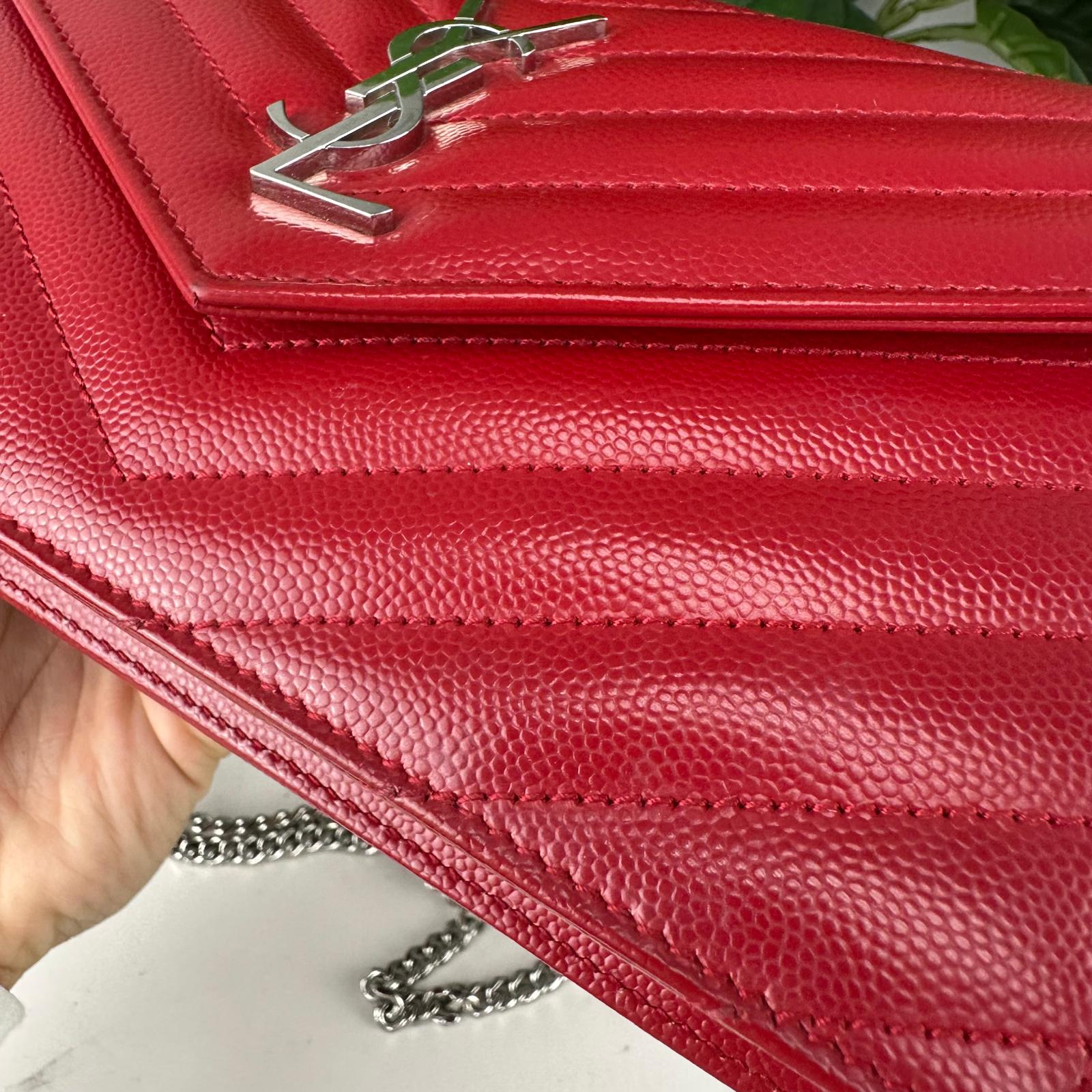 Authentic YSL Yves Saint Laurent Chevron Quilted Shoulder Bag Red