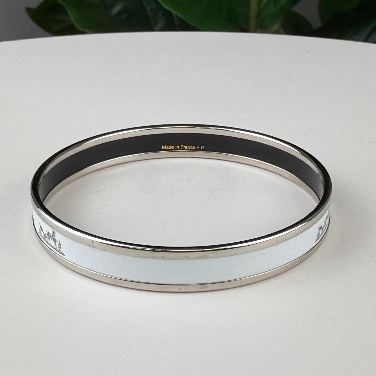 💎Authentic Hermes Caleche Narrow Enamel Bangle Bracelet White 7 3/4"