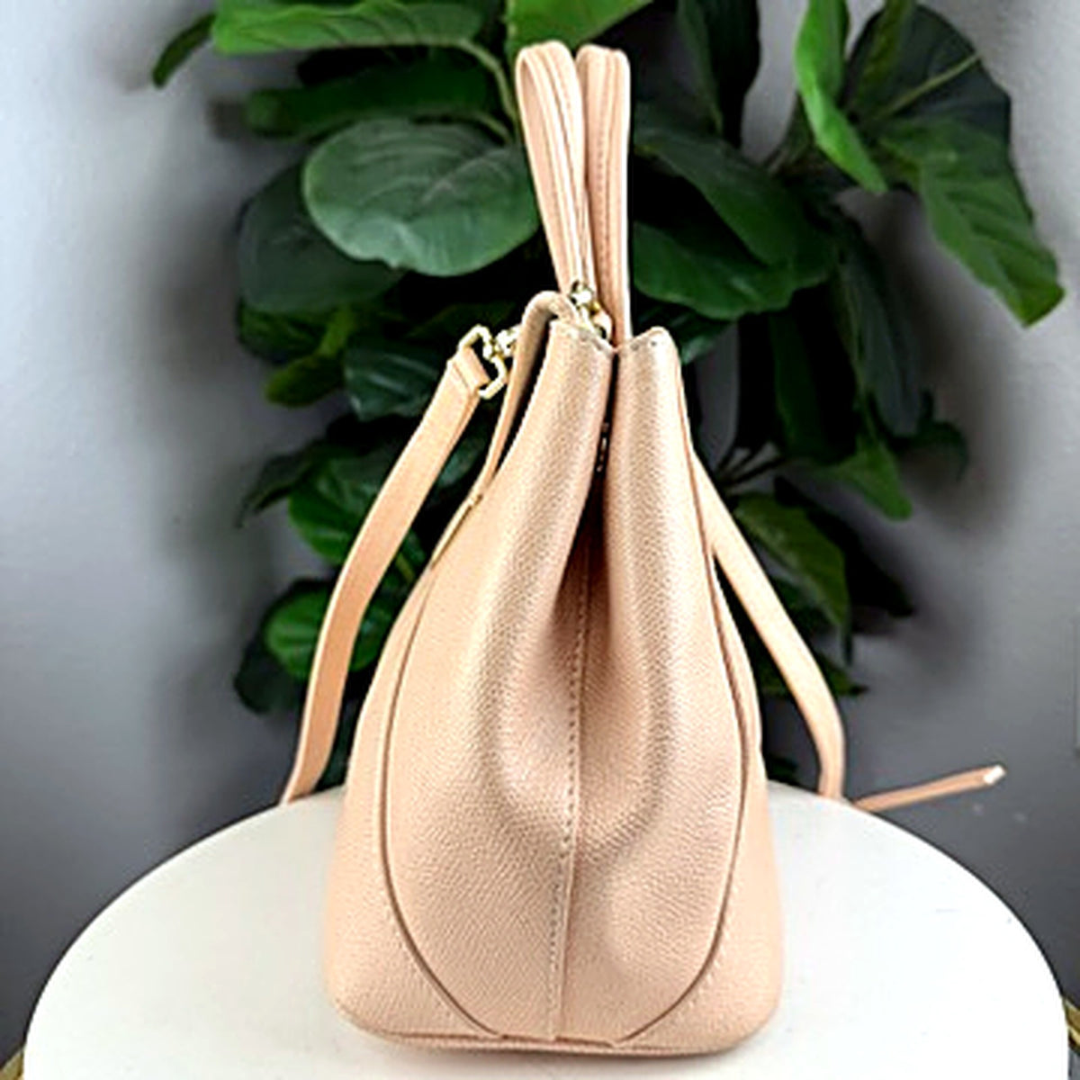 Authentic Furla blush pebbled leather tote - side profile view