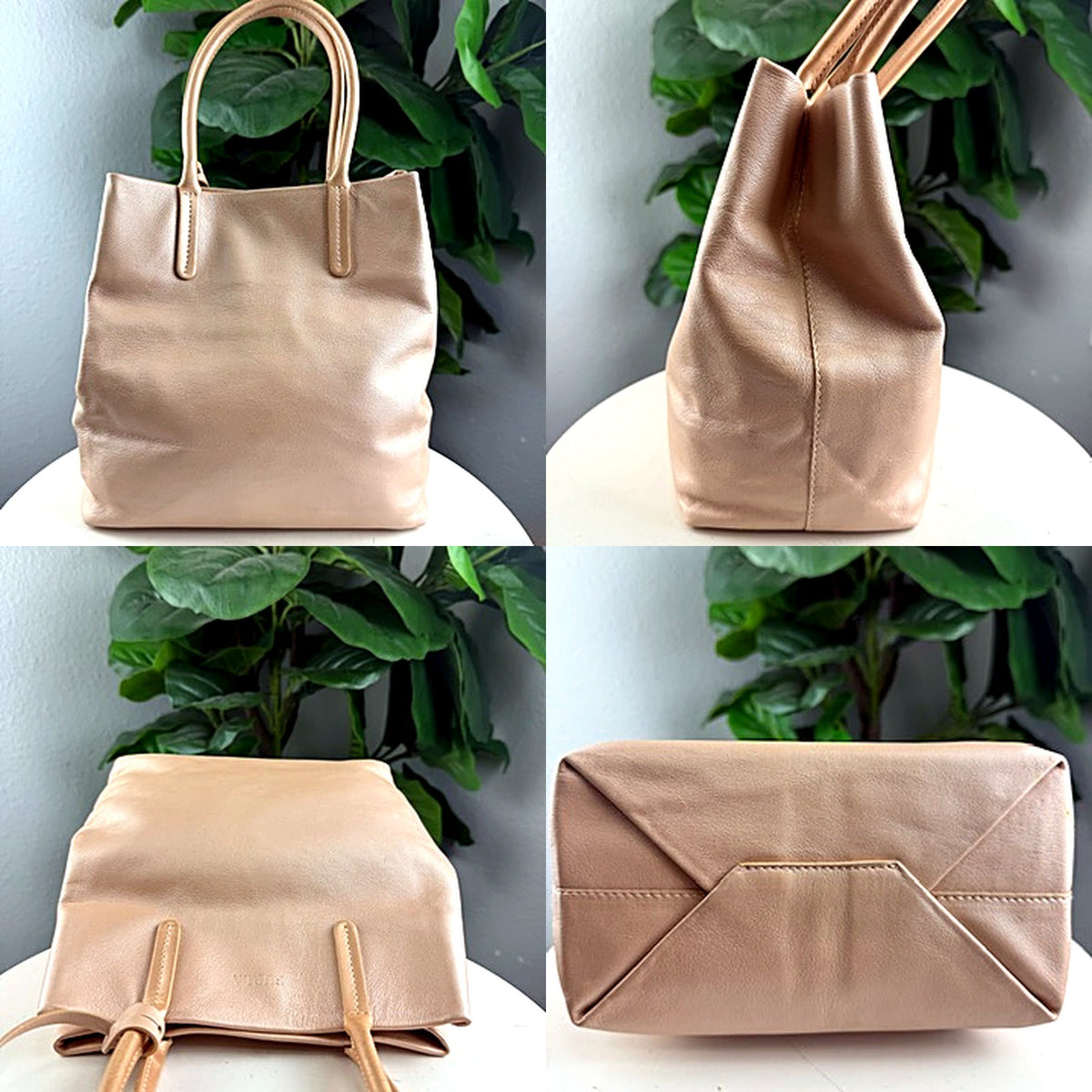 Furla blush tote detail - front angle, side angle, back, and diamond-stitched bottom
