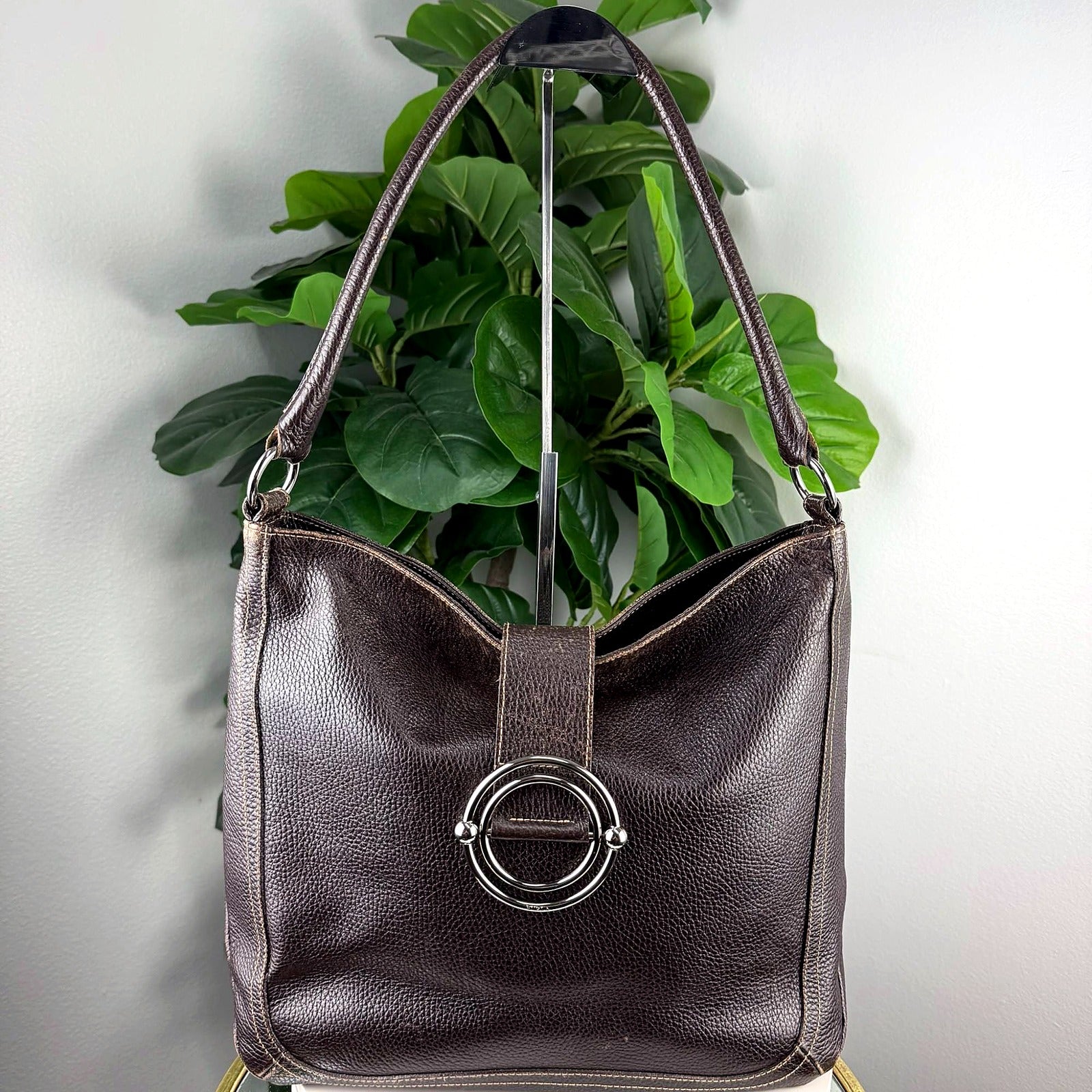 Authentic Furla Dark Brown Pebbled Leather Hobo Bag