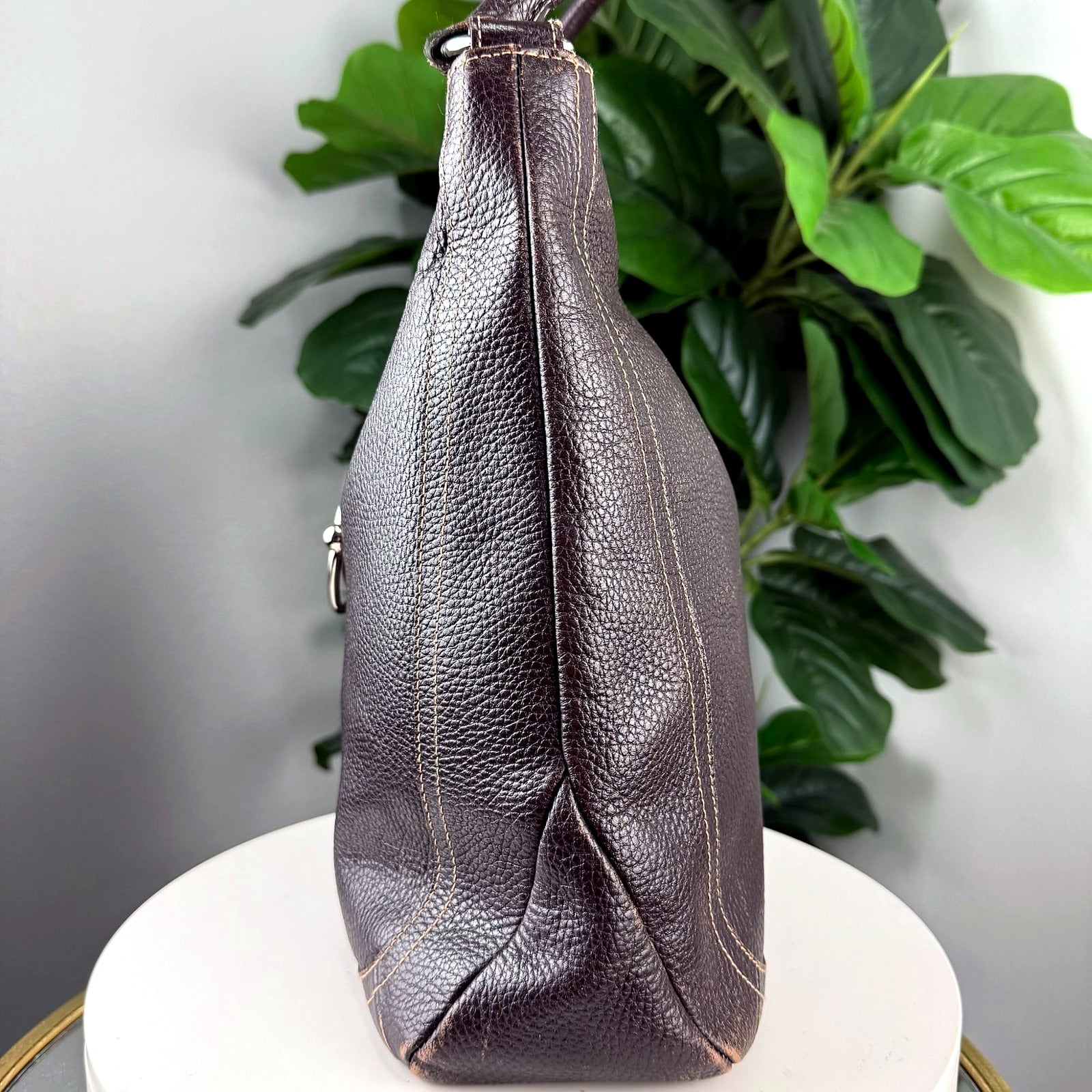 Authentic Furla Dark Brown Pebbled Leather Hobo Bag