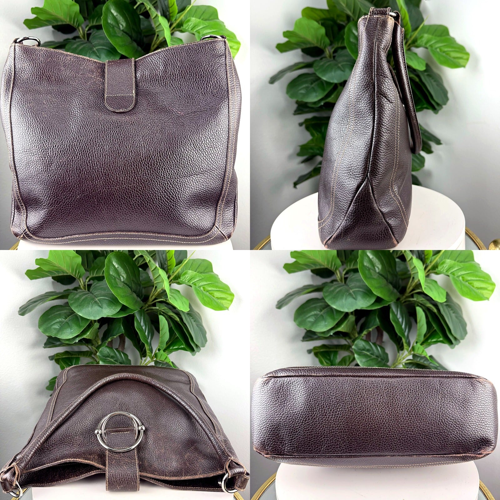 Authentic Furla Dark Brown Pebbled Leather Hobo Bag