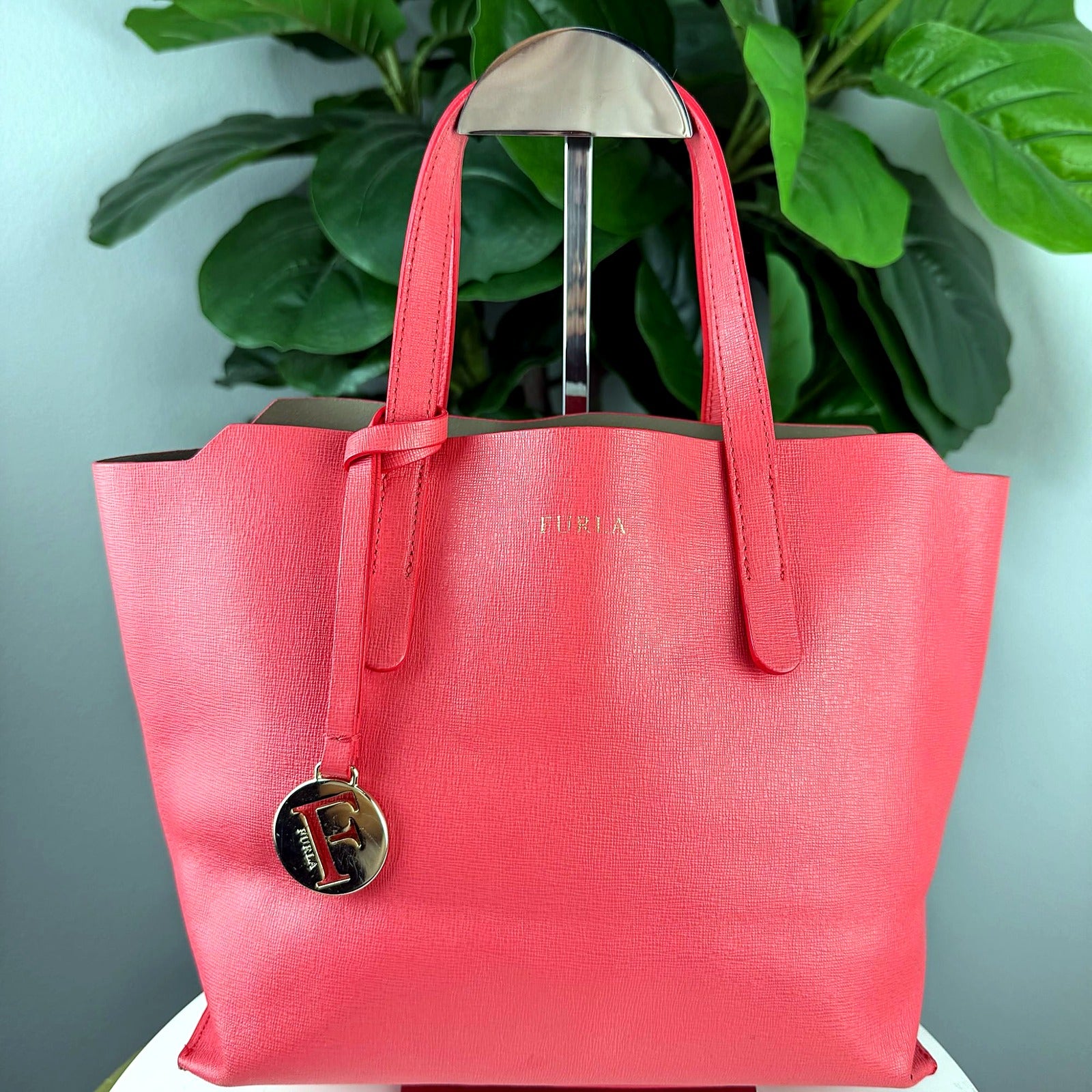 Furla coral pink saffiano leather tote - front view