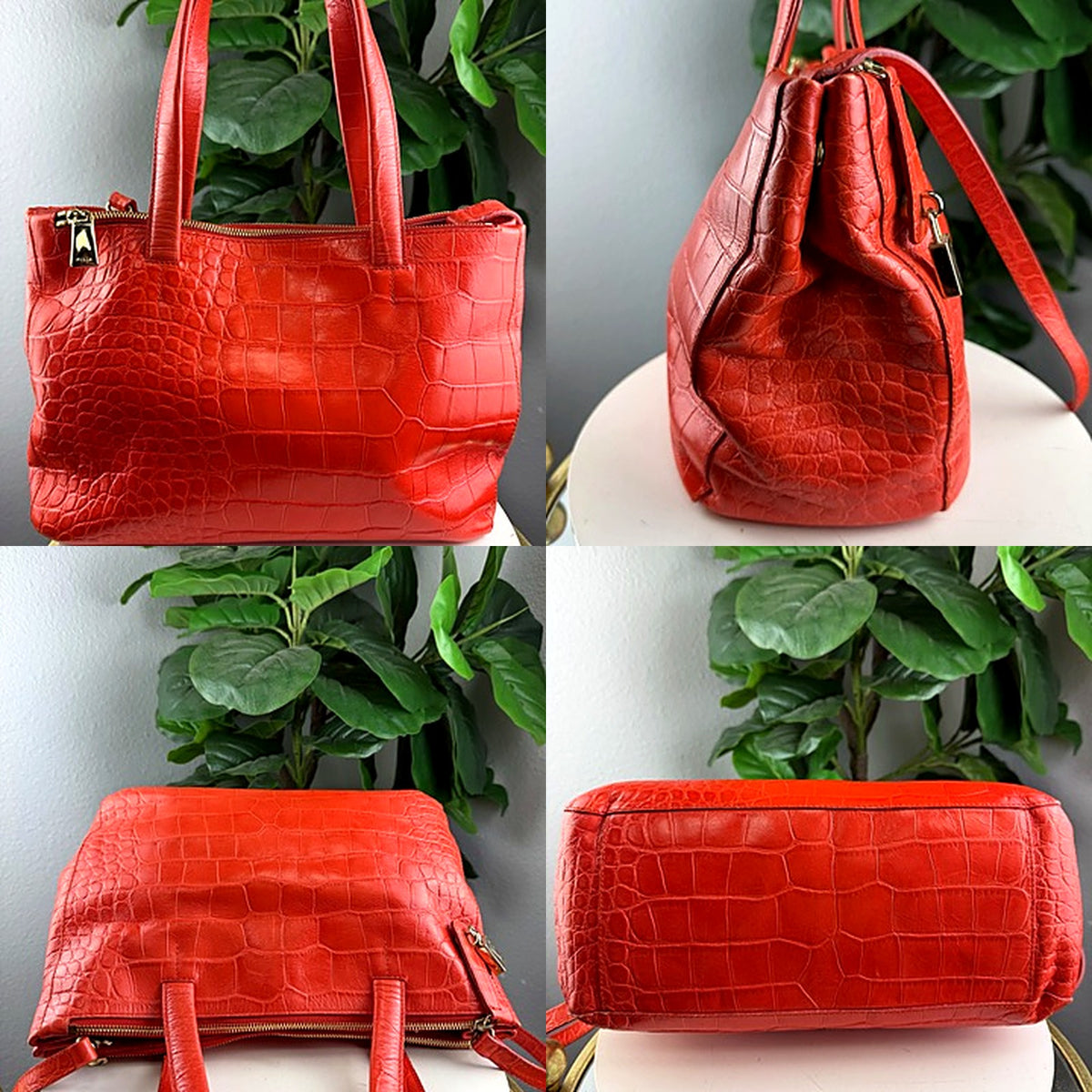 Furla red croc tote, front, side, back, bottom detail grid