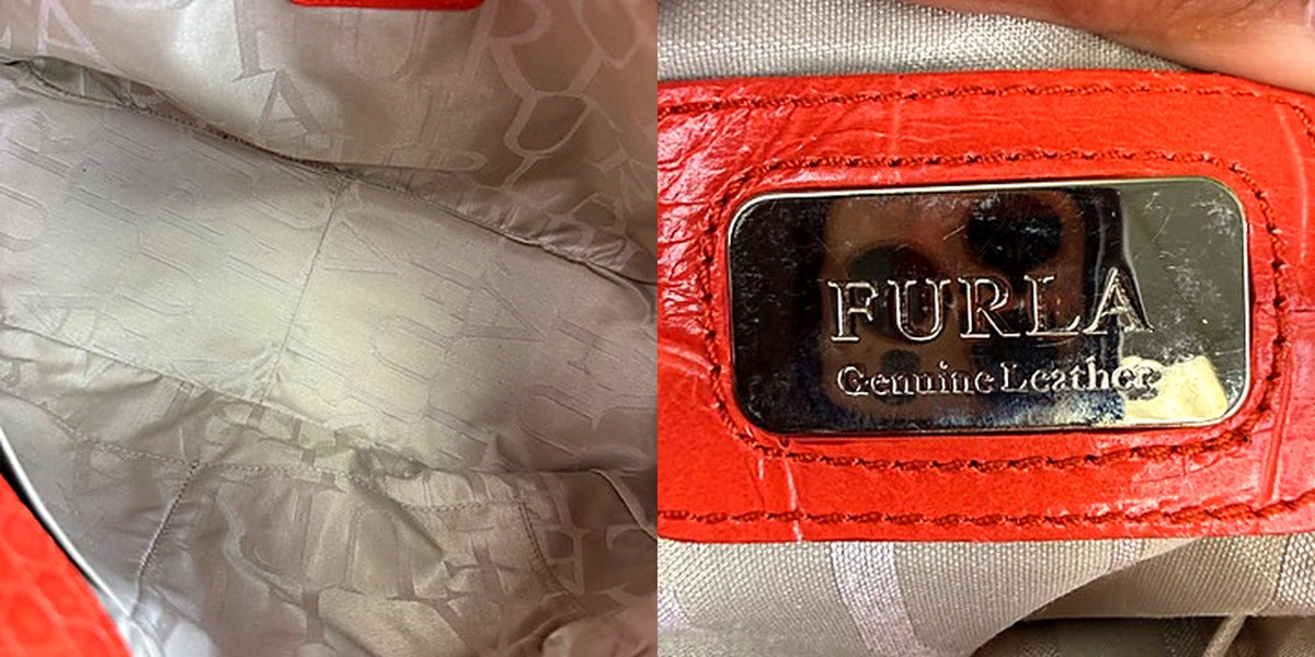 Furla red croc tote, interior lining and FURLA Genuine Leather brand tag