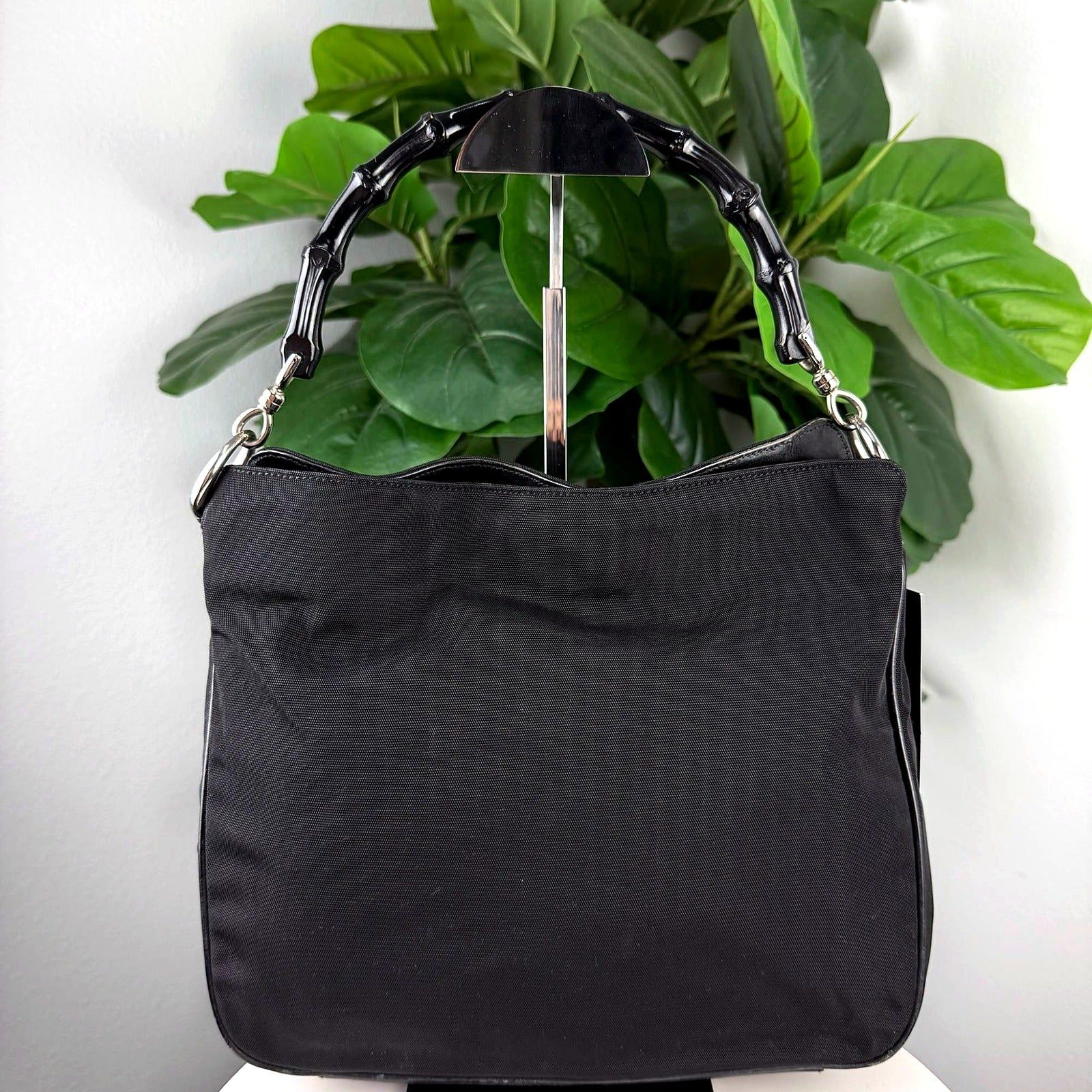 Authentic Gucci Black Nylon Bamboo Handle Hobo Bag