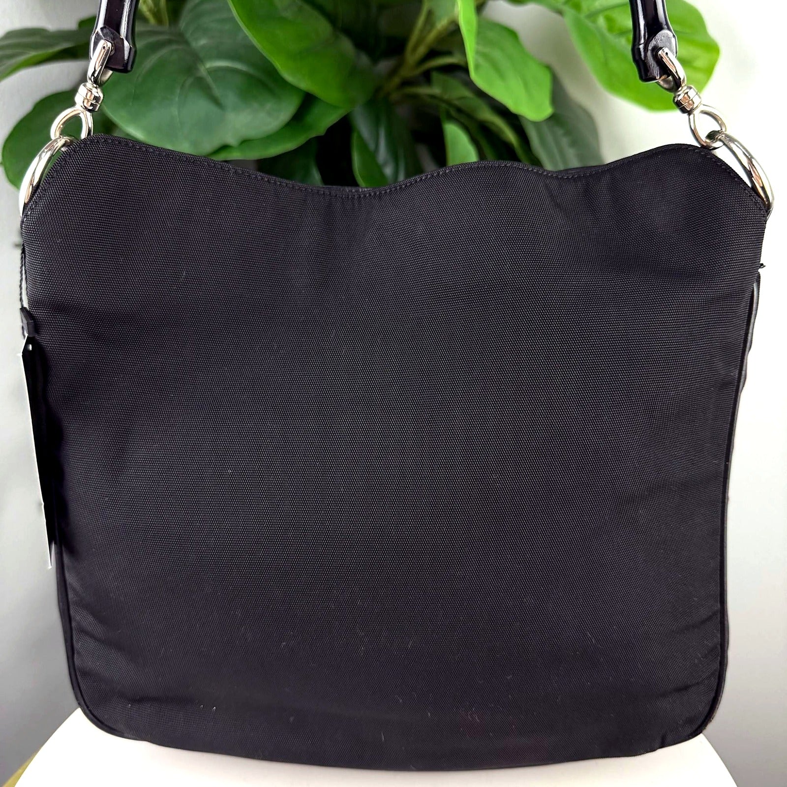 Authentic Gucci Black Nylon Bamboo Handle Hobo Bag