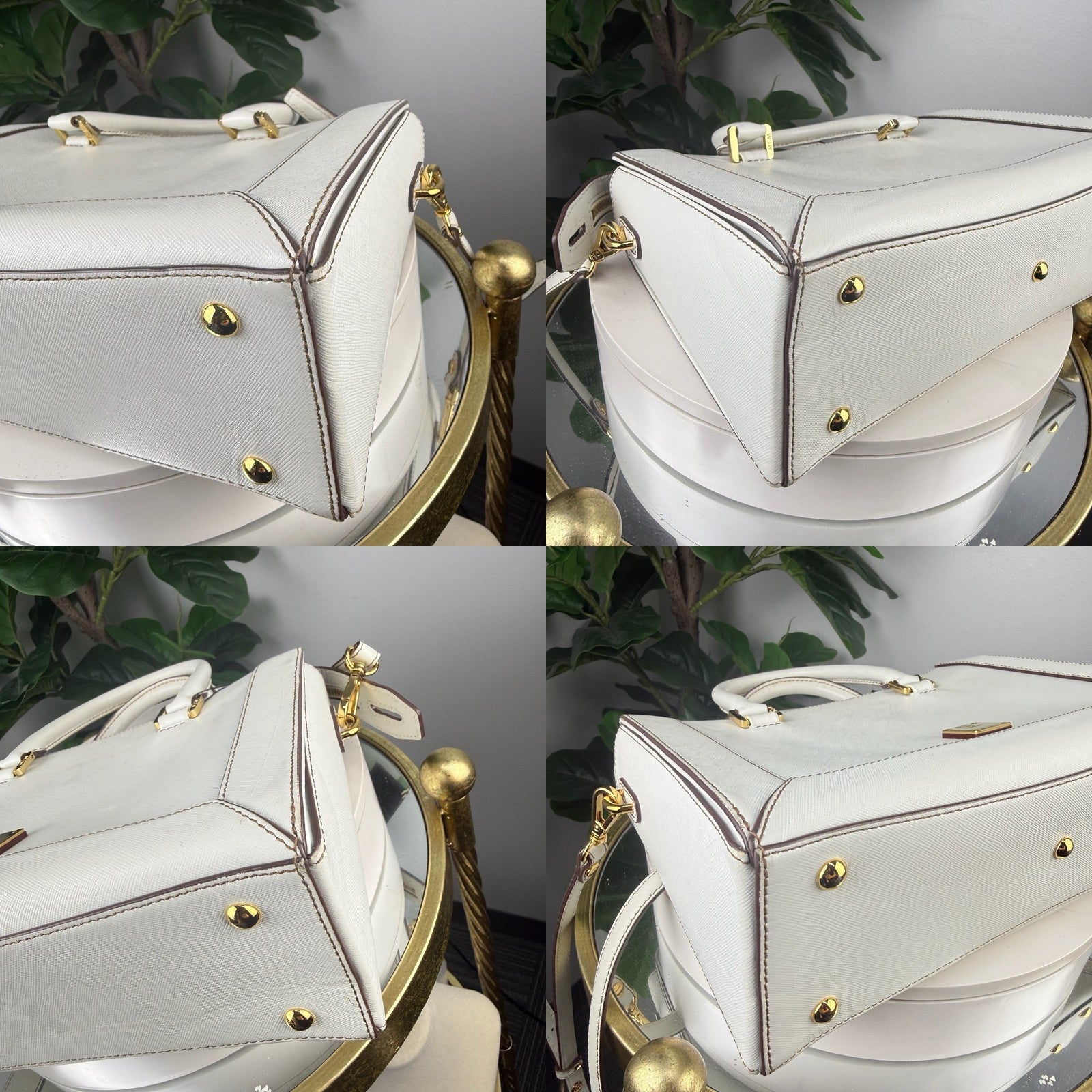 MCM white saffiano satchel details