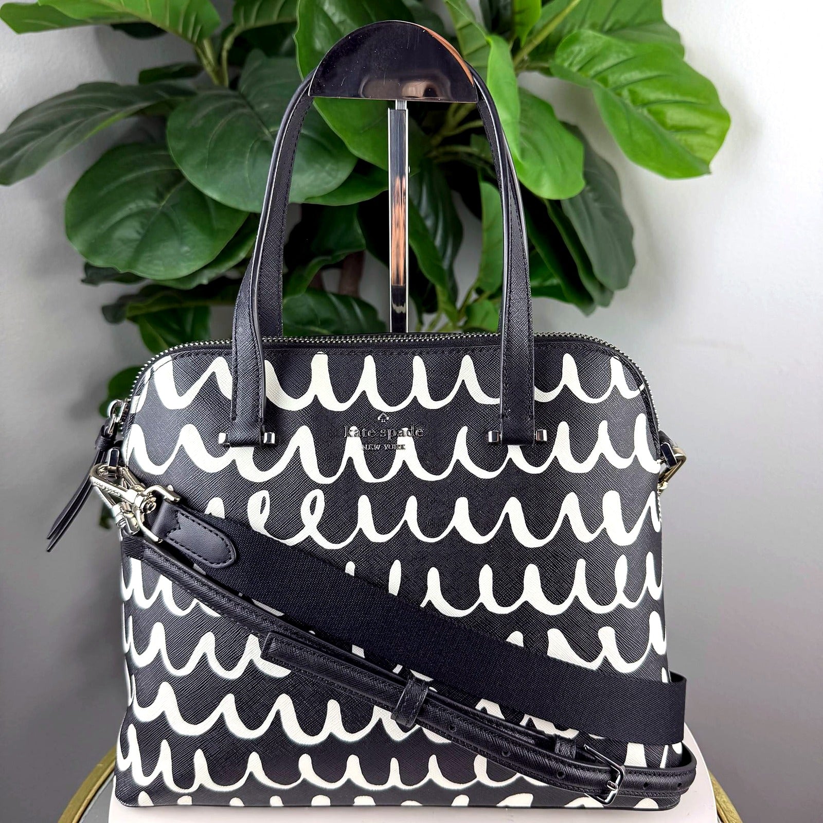 Authentic Kate Spade New York Black and White Wave Print Dome Satchel