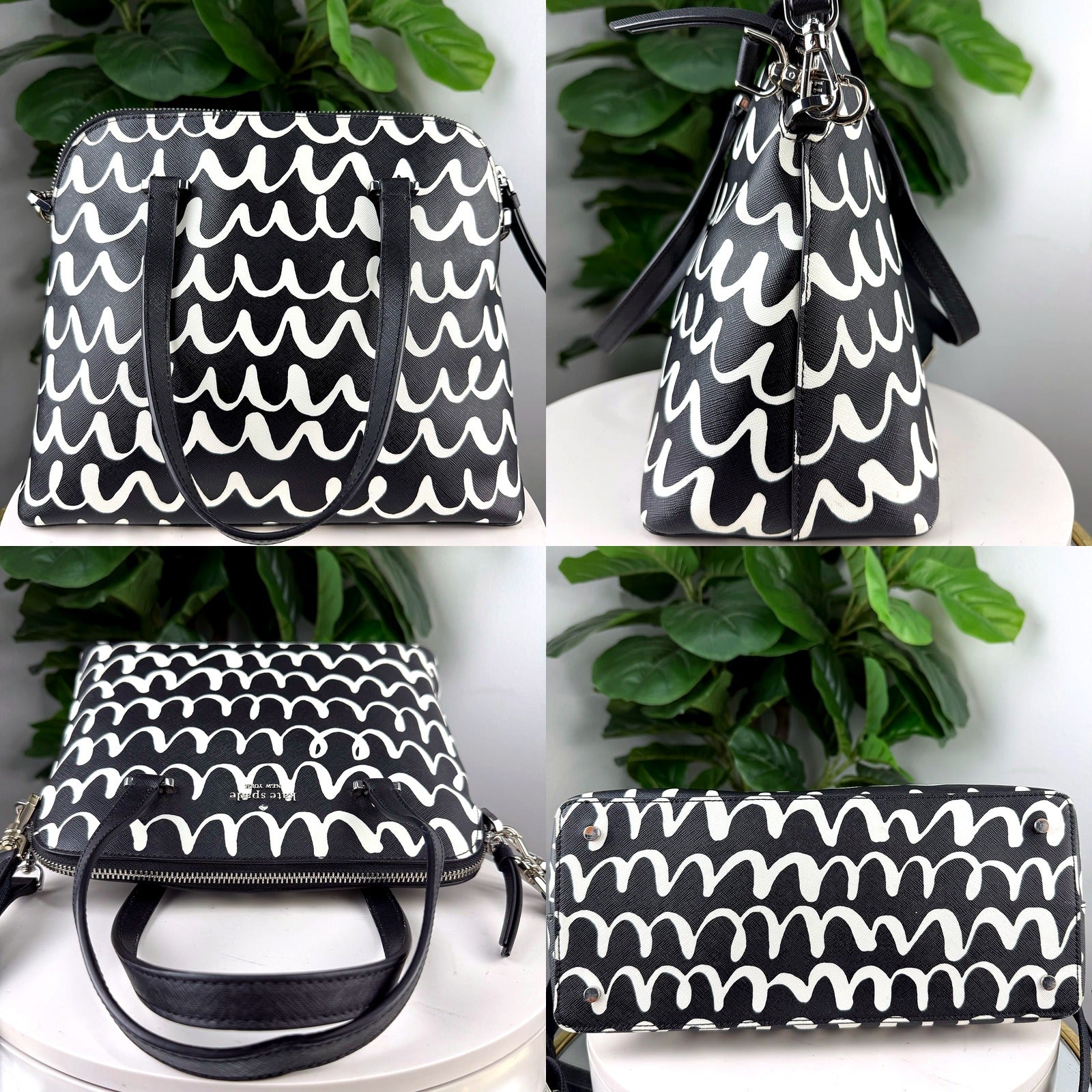Authentic Kate Spade New York Black and White Wave Print Dome Satchel
