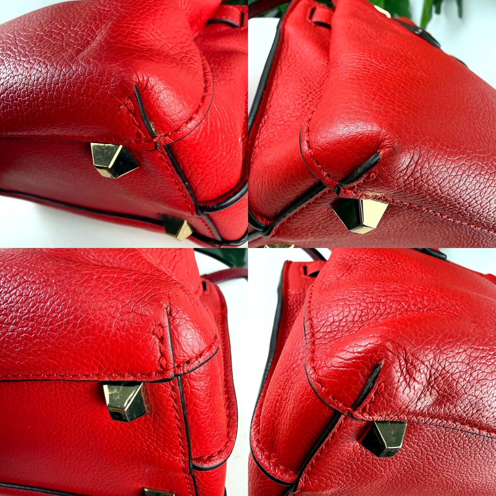 Close-up detail grid showing the crack in the leather at the handle base and hardware