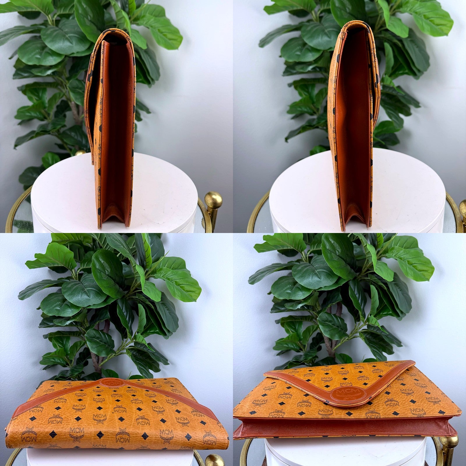 Authentic MCM Cognac Visetos Envelope Clutch - profile and silhouette views