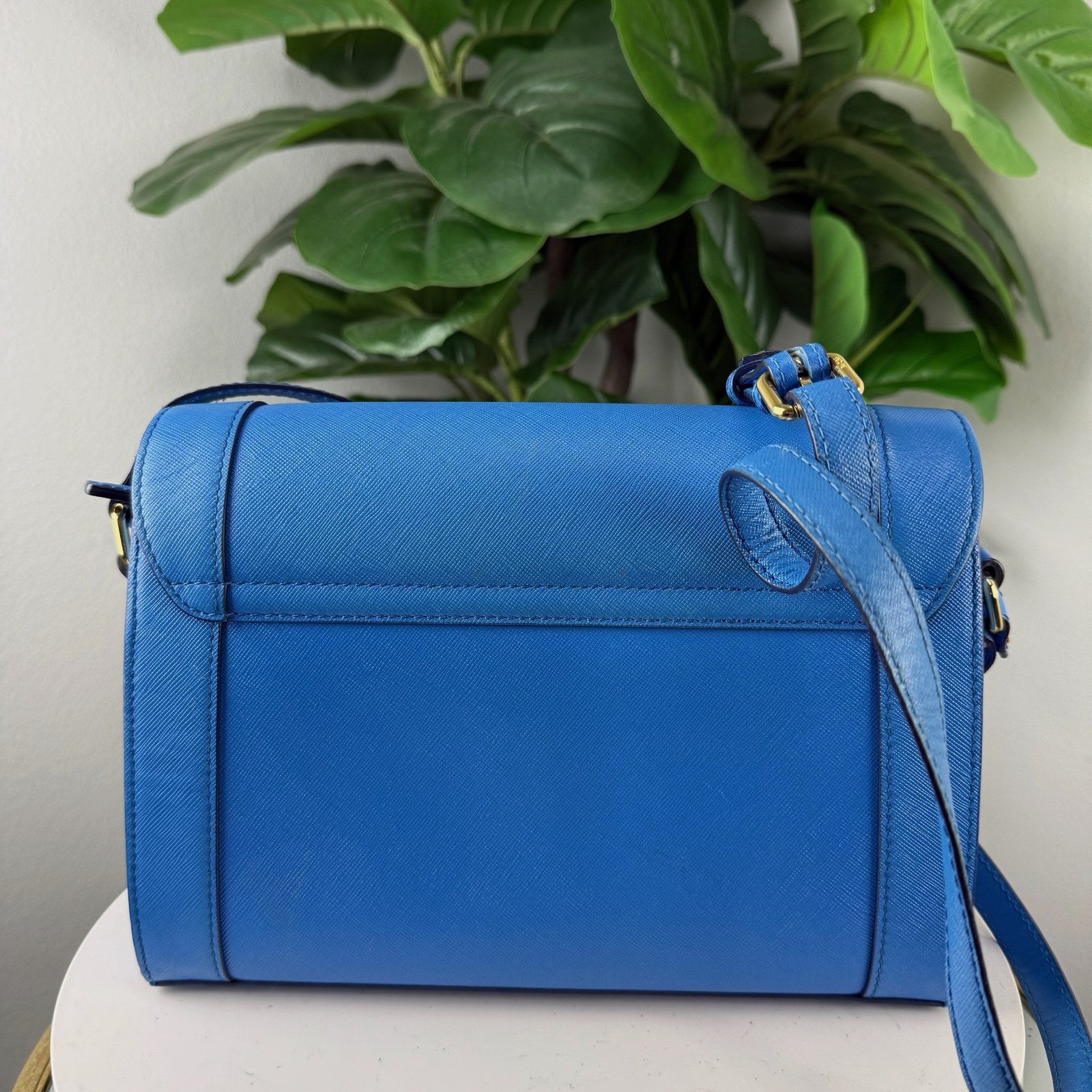 Authentic MCM Blue Saffiano Leather Flap Crossbody Bag - Gold Hardware