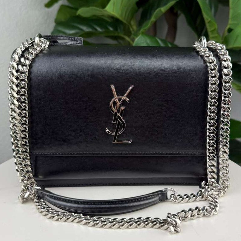 Authentic Saint Laurent Sunset Medium YSL Shoulder Bag - Silver Hardware