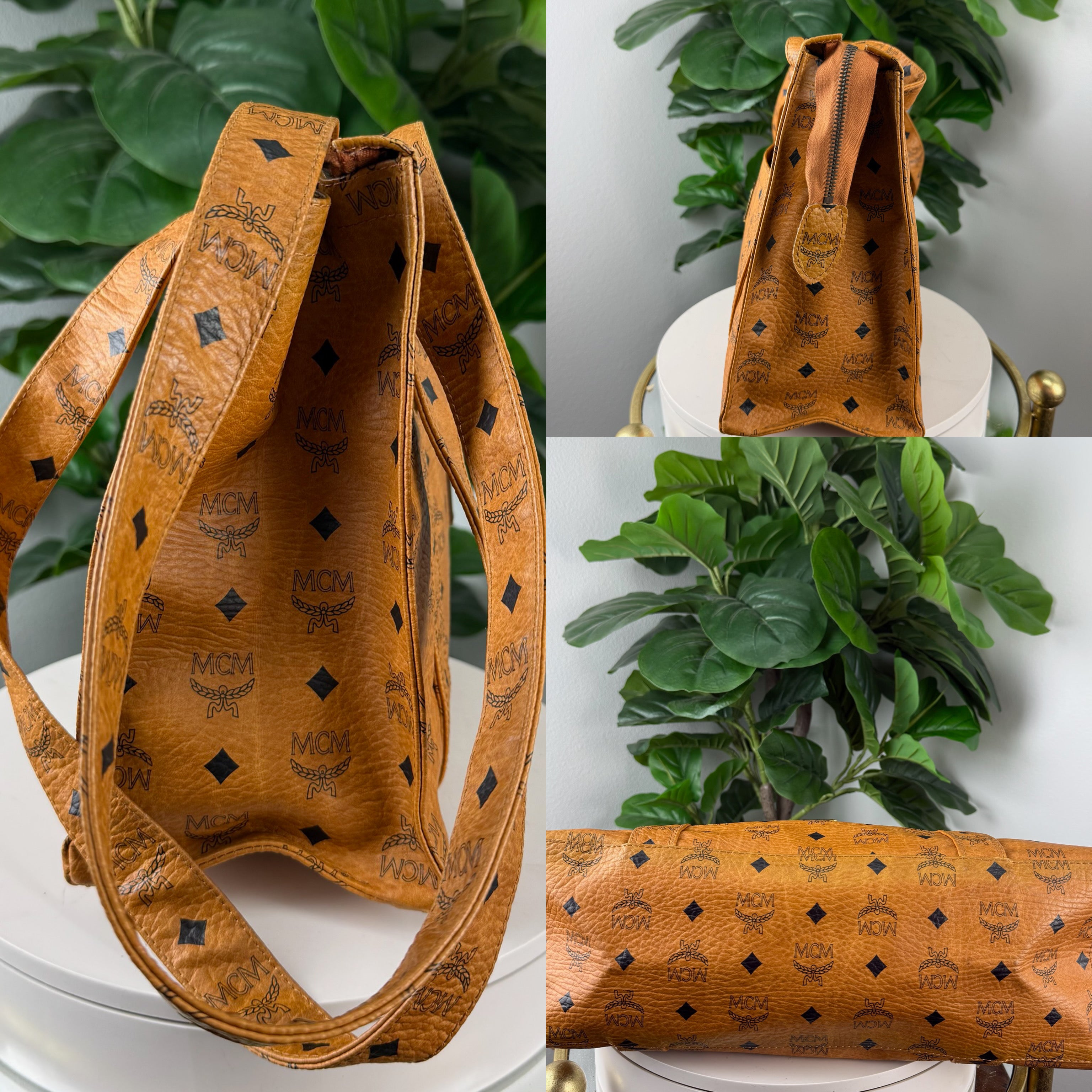 Authentic MCM Cognac Visetos Coated Canvas Large Shoulder Tote Bag