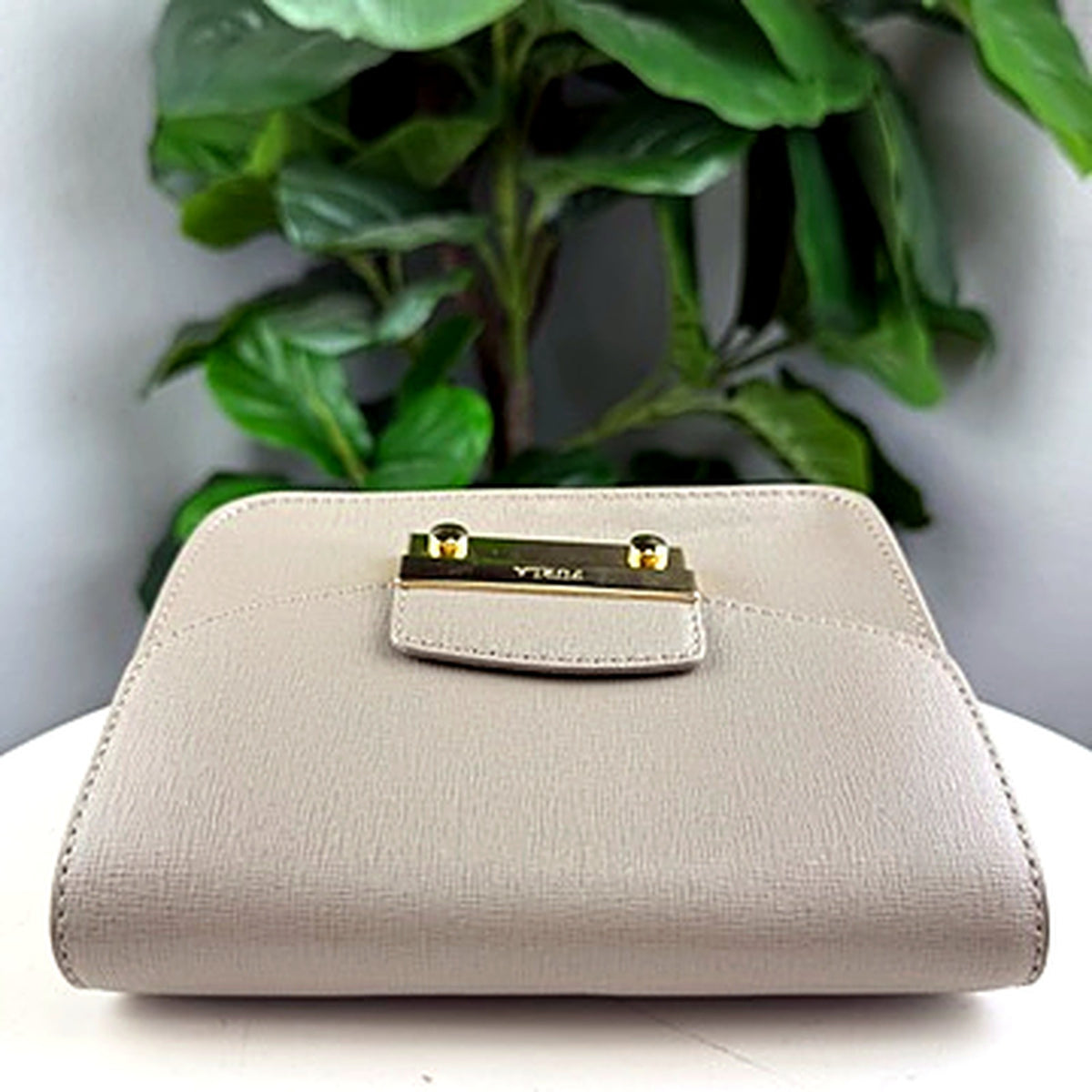 Authentic Furla Metropolis taupe saffiano leather mini crossbody bag - front