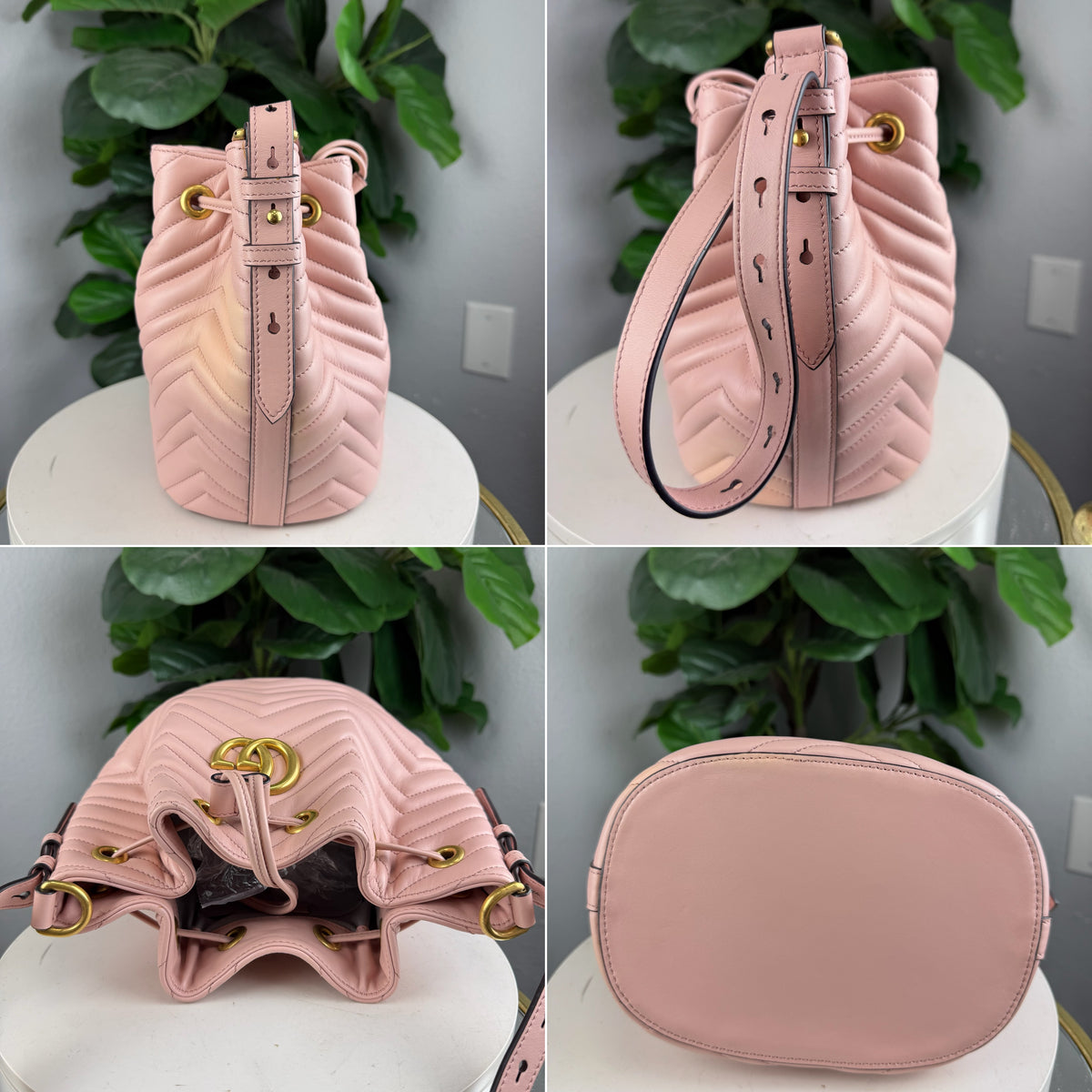 Authentic Gucci GG Marmont Matelassé Leather Mini Bucket Bag Pink