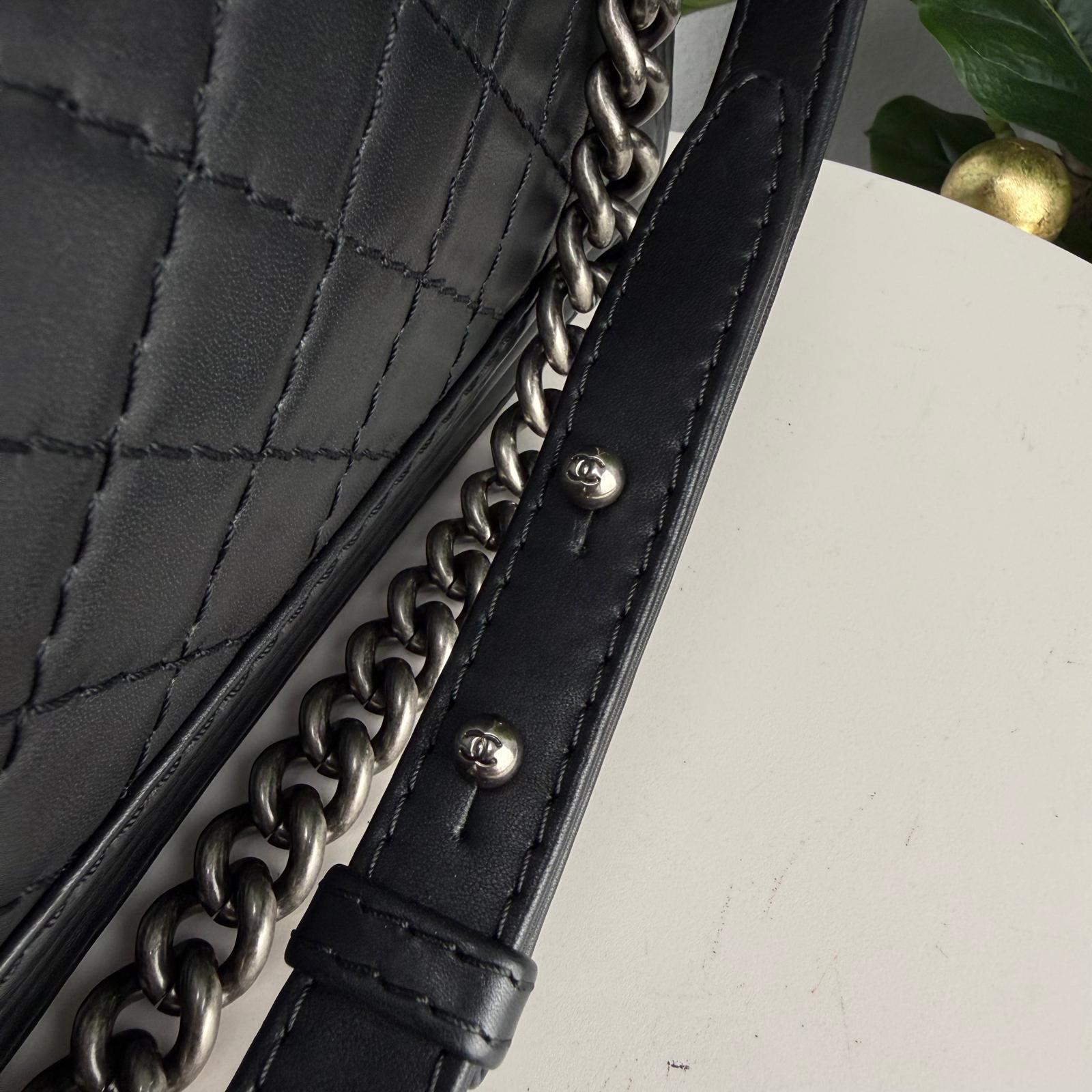 Authentic Chanel Boy Handbag Black Quilted Leather