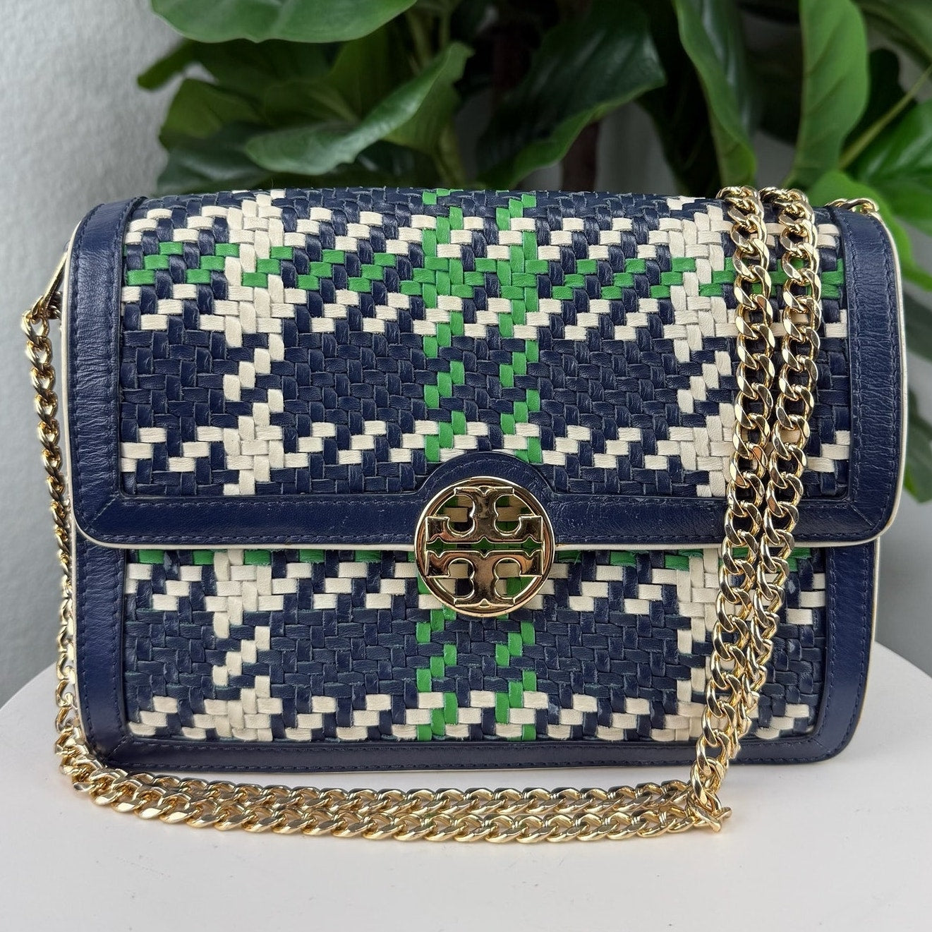 Tory Burch Duet Chain Convertible Woven Leather Shoulder Bag