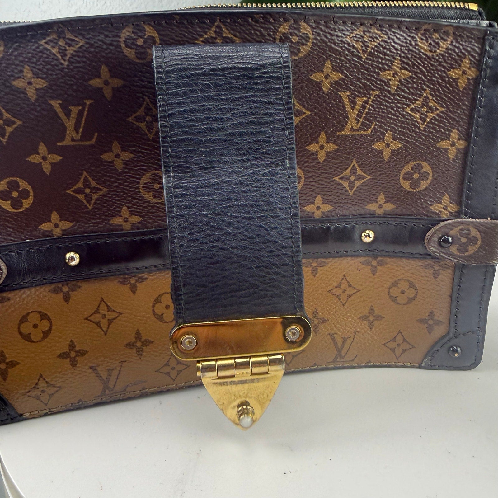 Louis Vuitton Monogram Reverse Canvas Black Leather Trunk Chain Crossbody Bag Authentic Pre Owned