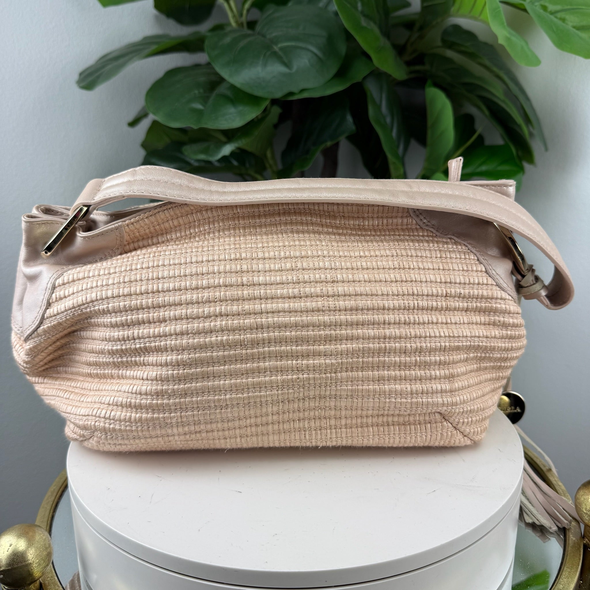 Authentic Furla Woven Raffia & Leather Drawstring Shoulder Bag - Certificate of Authenticity Included