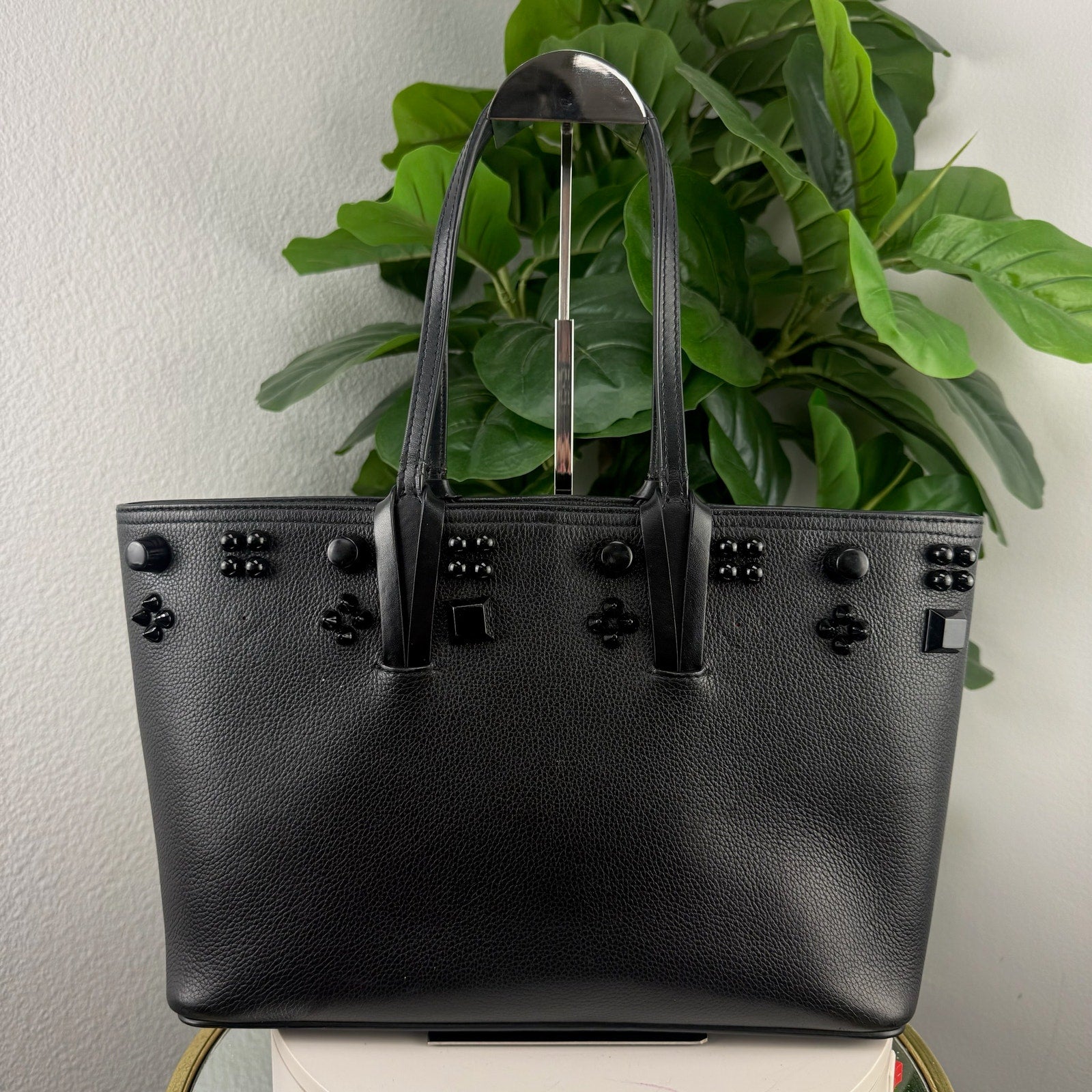 Christian Louboutin Cabata Black Embellished Leather Tote Bag Authentic Pre Owned