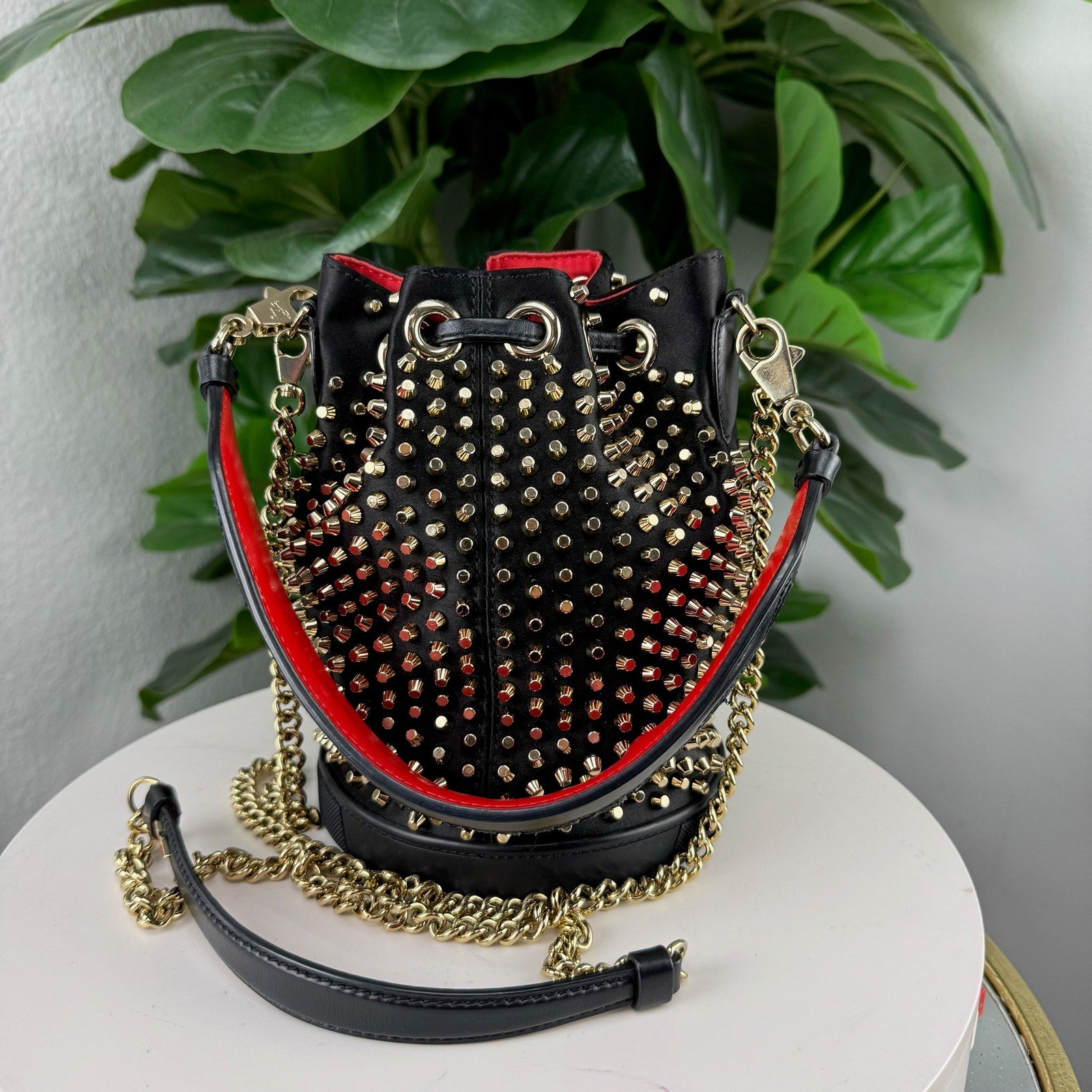 Christian Louboutin Marie Jane Bucket Bag Studded Satin and Leather