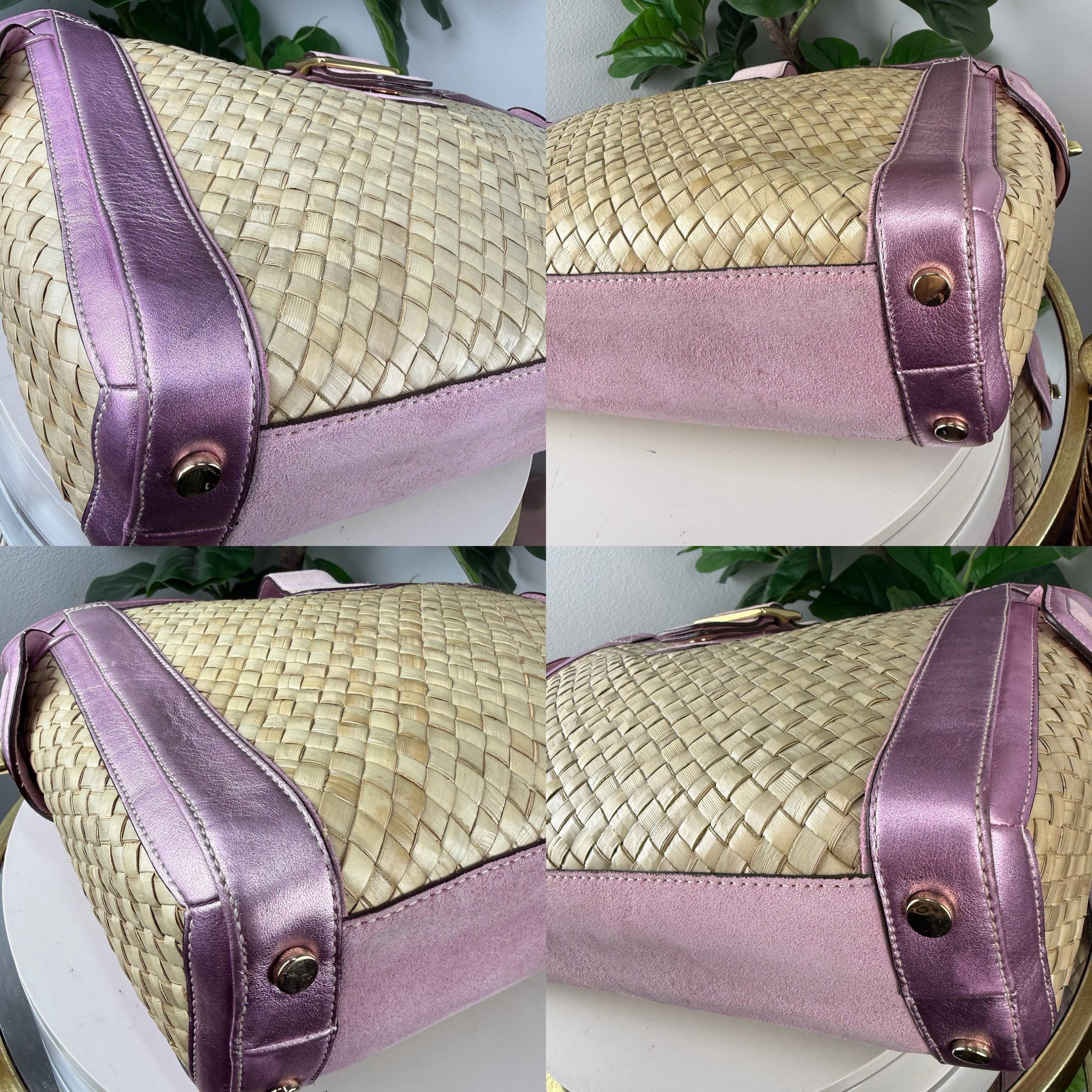 Authentic Coach Natural Woven Straw & Metallic Pink Leather Tote Bag