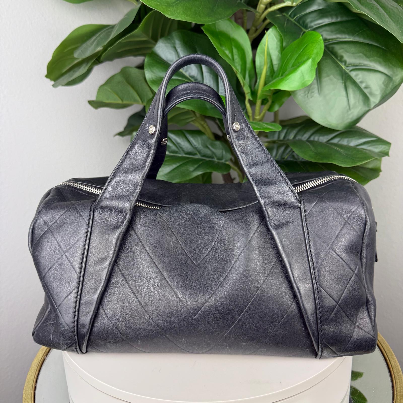 Authentic Chanel Black CC Chevron Quilted Lambskin Boston Bag