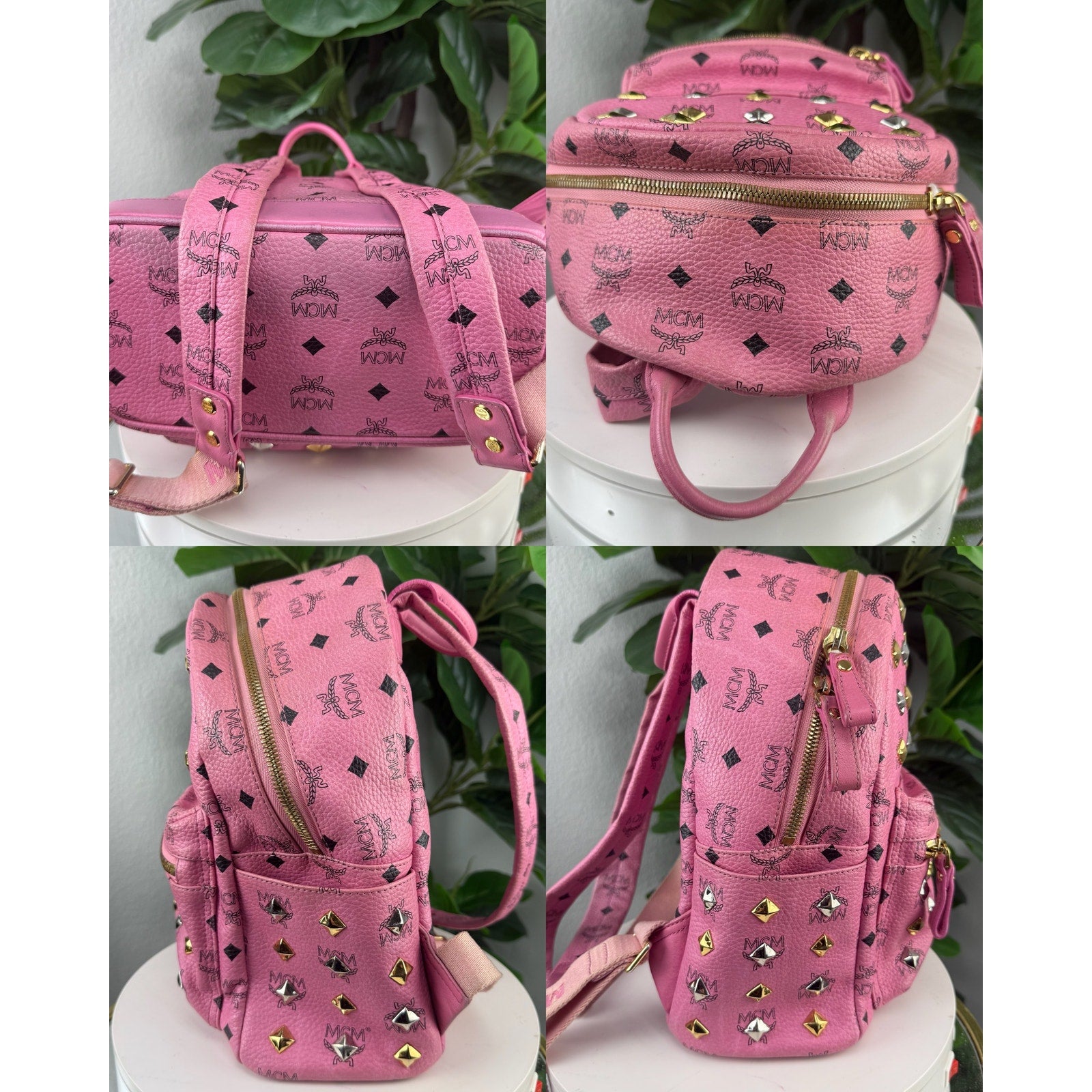 MCM Pink Visetos Studded Stark Backpack