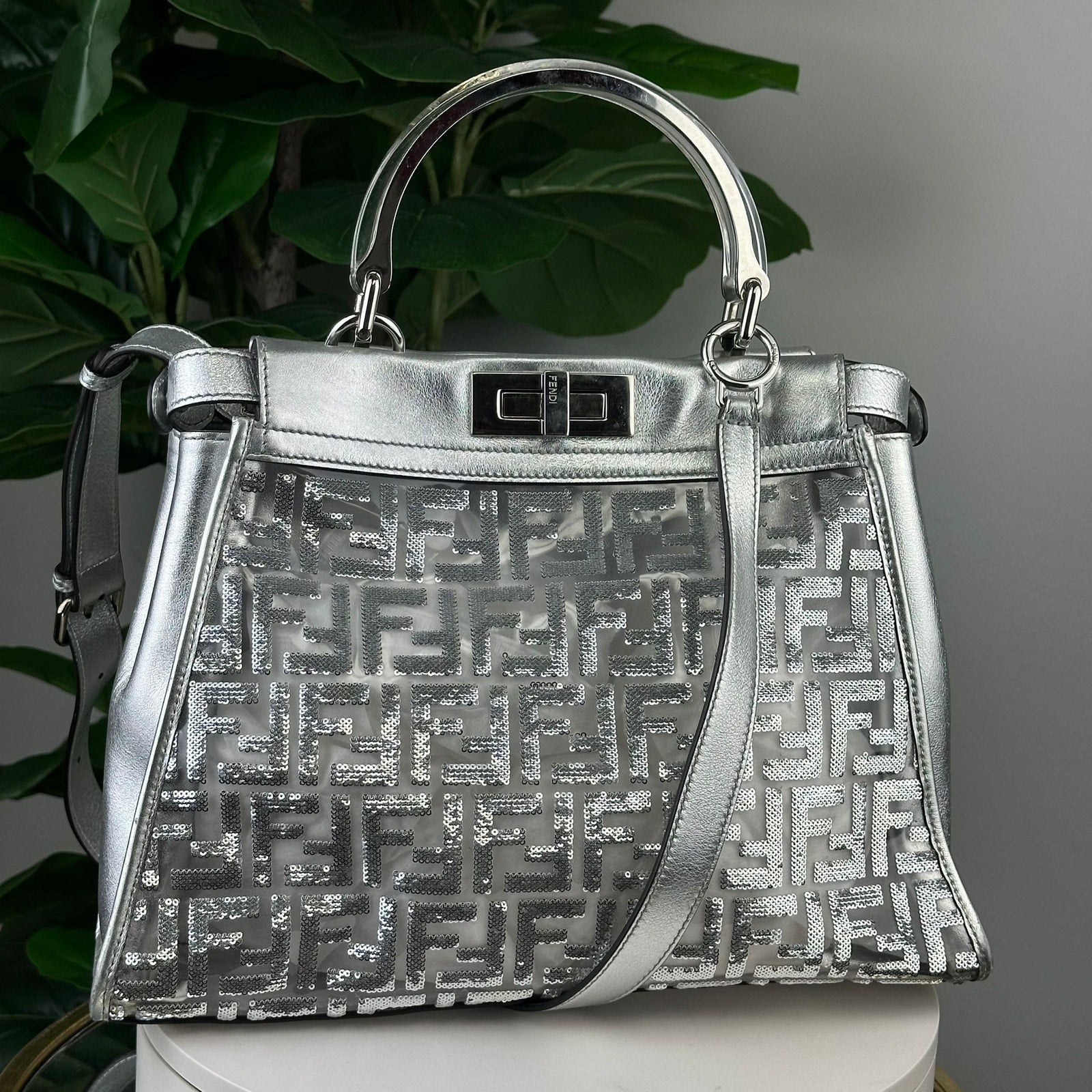 💎Authentic LIMITED EDITION FENDI  PVC Vitello Catalan Mirror Sequin FF Medium Peekaboo Iconic Satchel Argento