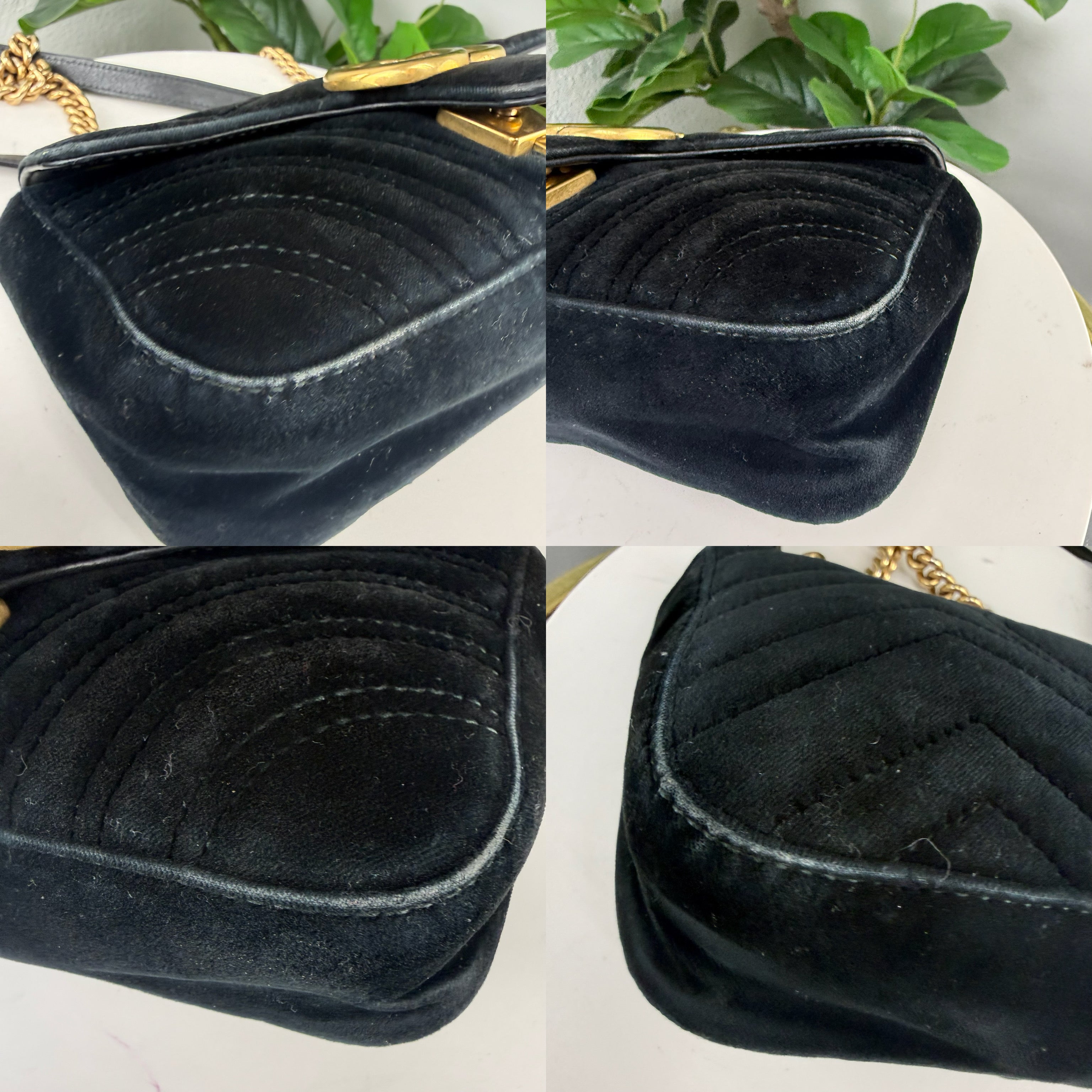 Authentic Gucci GG Marmont Black Chevron Velvet Shoulder Bag