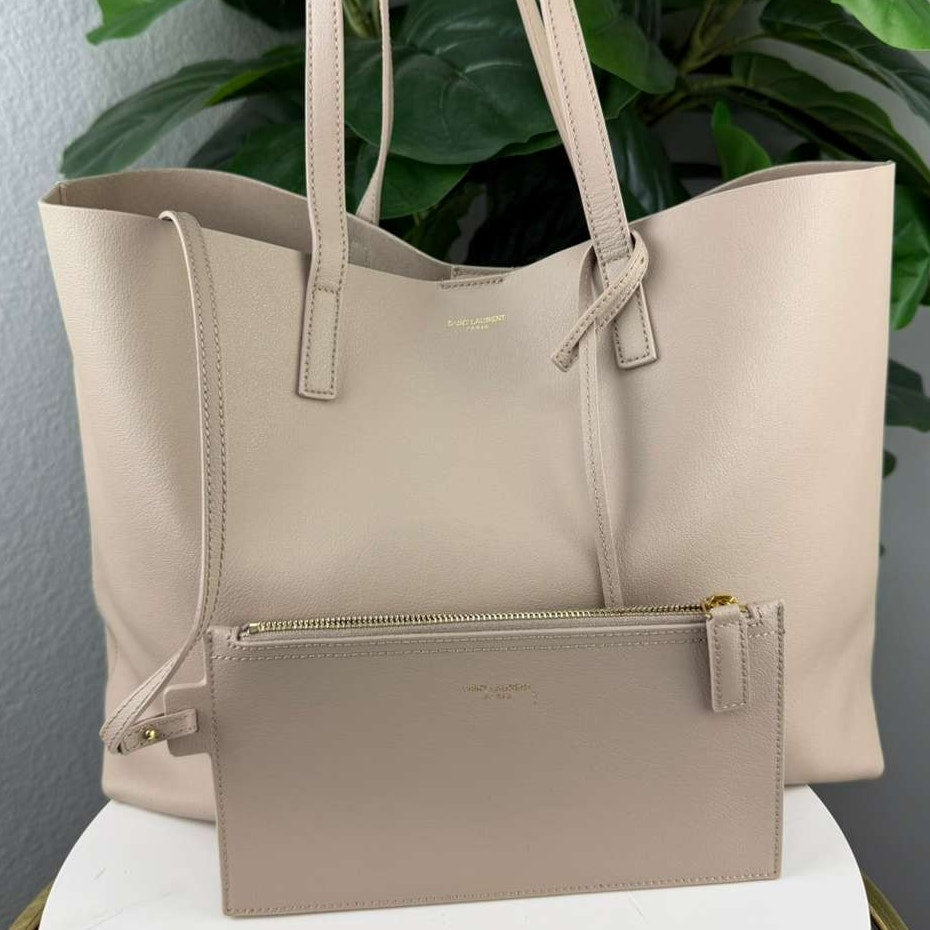 💎✨Authentic Saint Laurent  Grained Leather Dark Warm Beige Shopping Tote bag