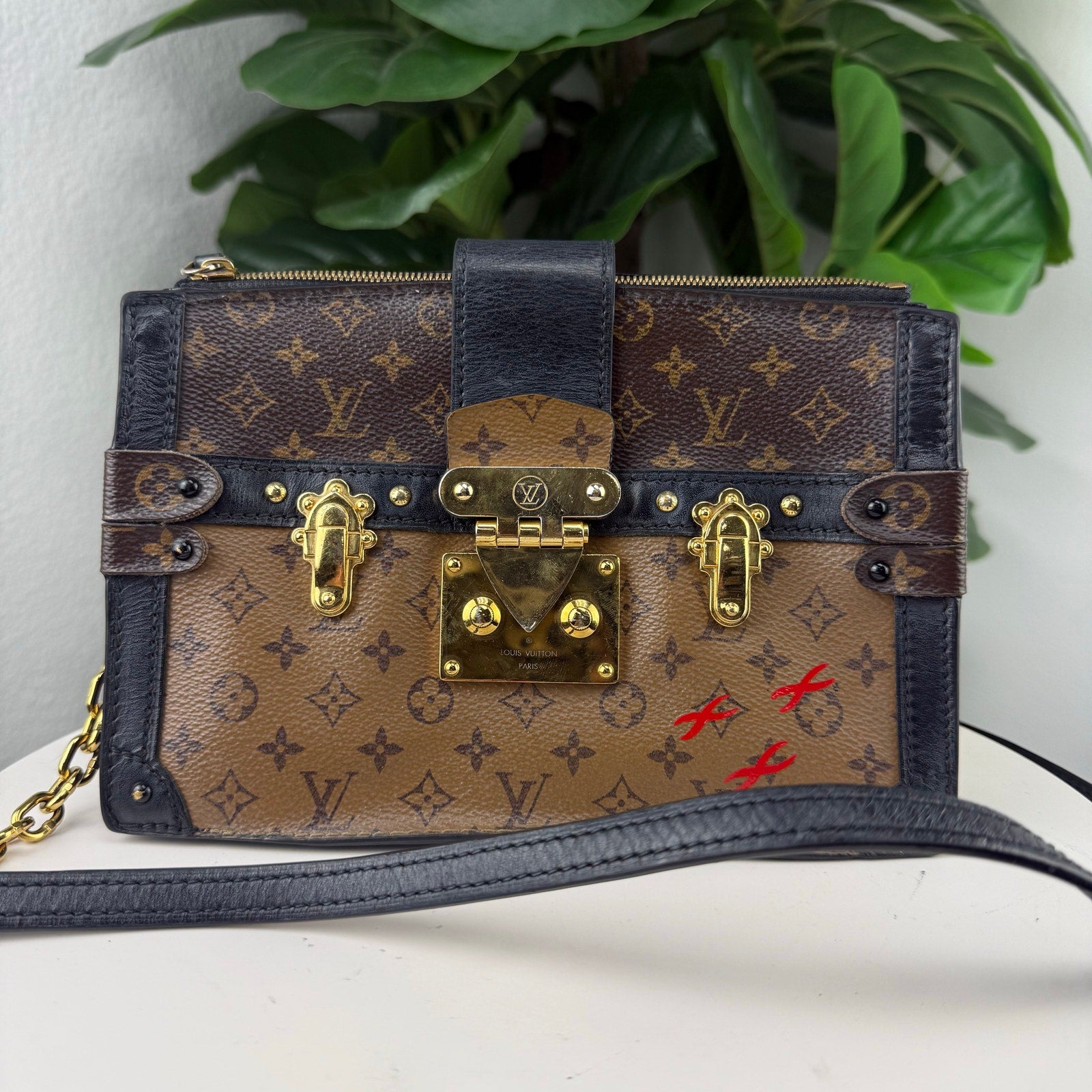 Louis Vuitton Monogram Reverse Canvas Black Leather Trunk Chain Crossbody Bag Authentic Pre Owned