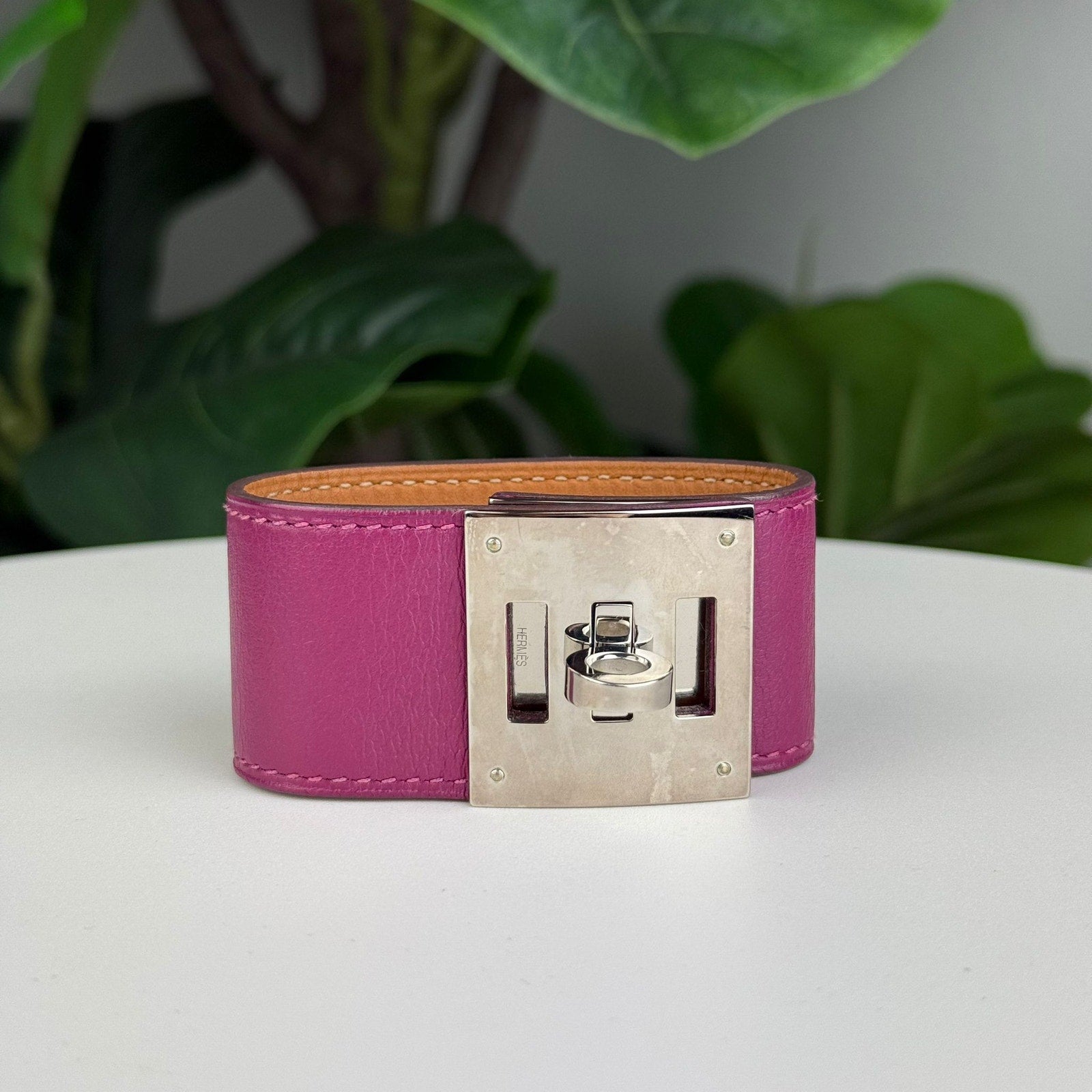Authentic Hermes Kelly Dog Extreme Leather Metal Bracelet O Stamped Purple