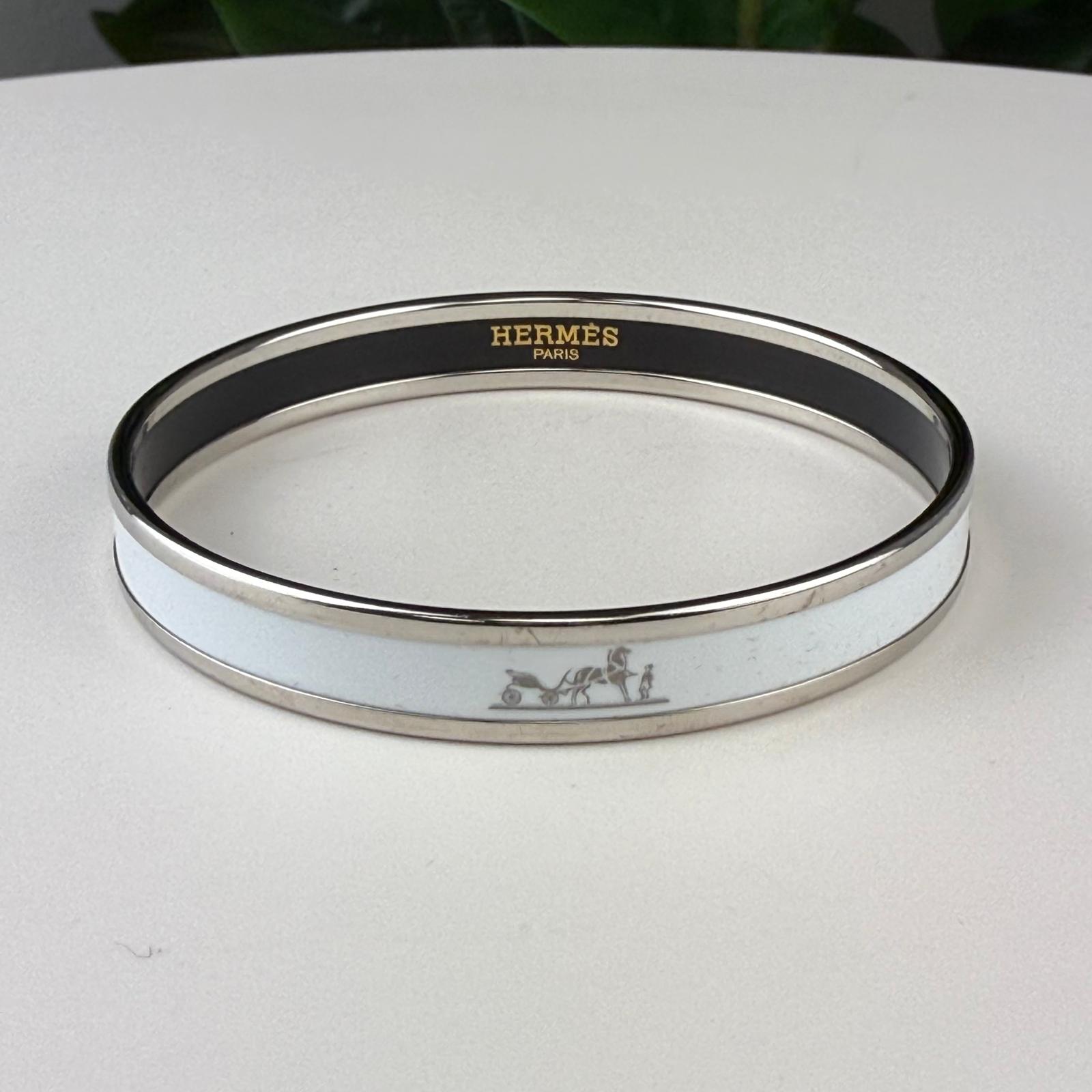 💎Authentic Hermes Caleche Narrow Enamel Bangle Bracelet White 7 3/4"