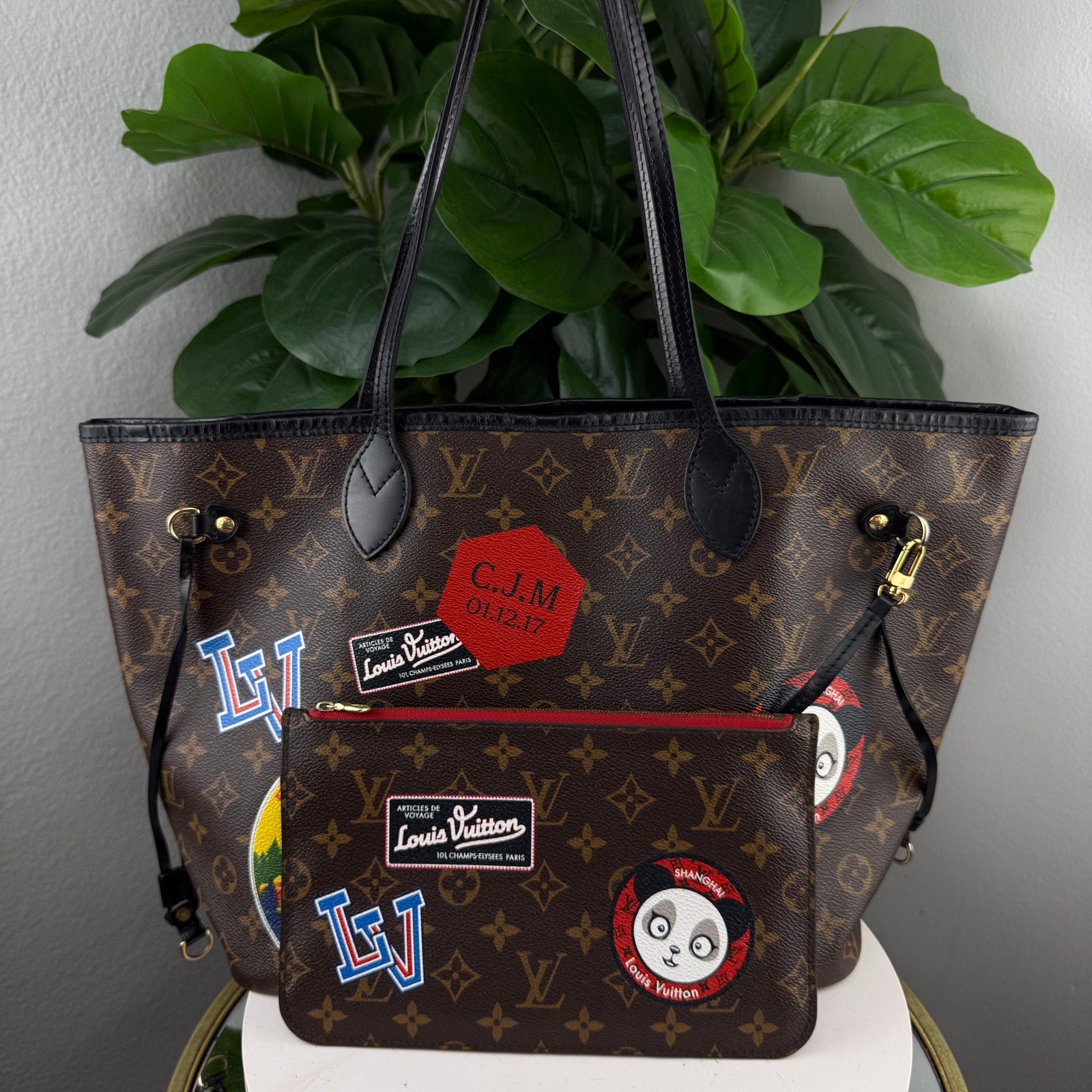 Louis Vuitton Neverfull MM Monogram Canvas World Tour Tote Bag Authentic Pre Owned