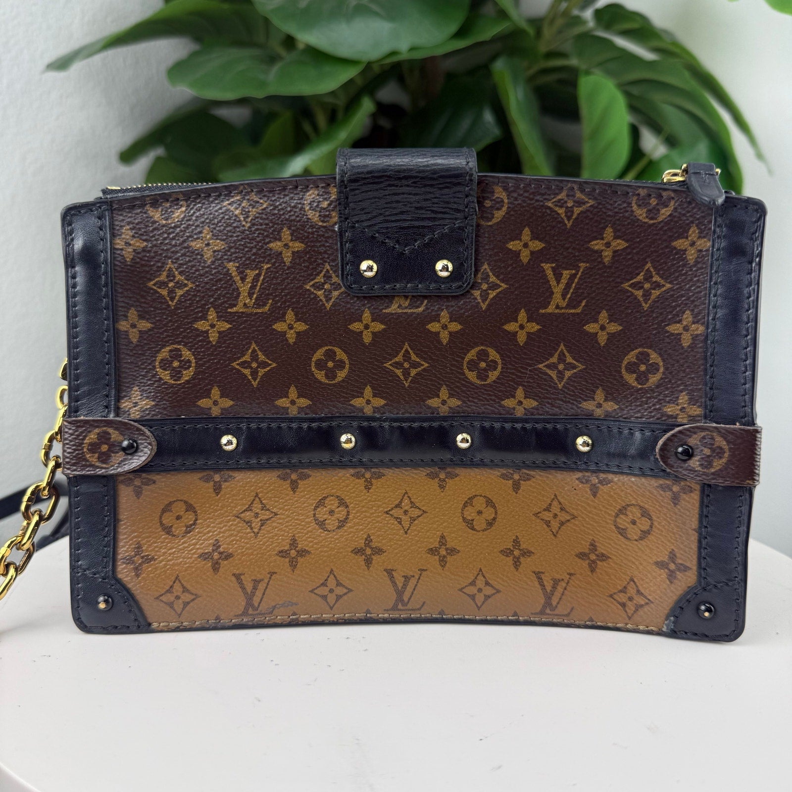 Louis Vuitton Monogram Reverse Canvas Black Leather Trunk Chain Crossbody Bag Authentic Pre Owned