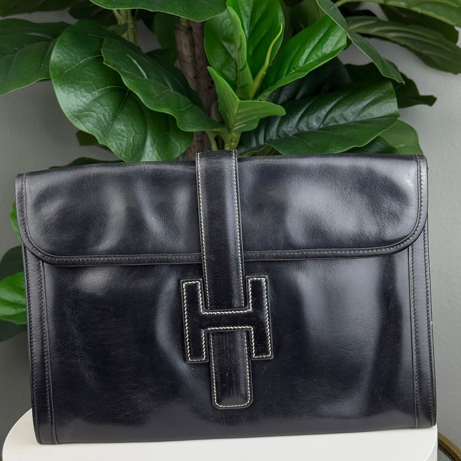 Authentic Hermes Jige PM Clutch Bag in Black Box Calf Leather