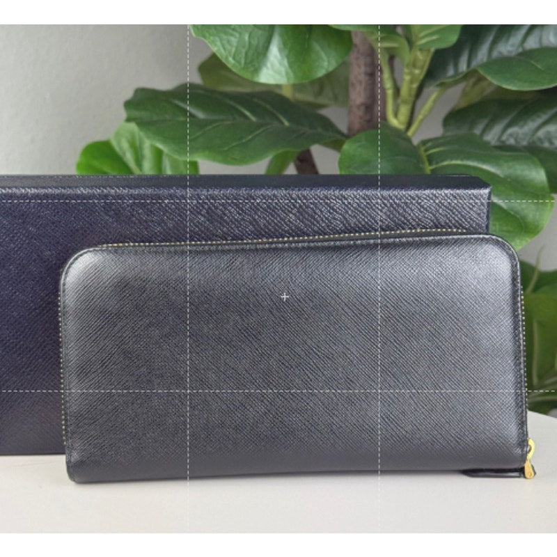 Authentic PRADA Saffiano Leather Zip Around Long Wallet Black