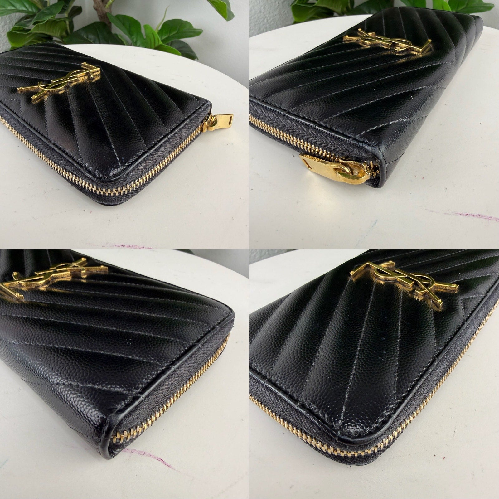 Saint Laurent Cassandre Black Chevron Leather Zippy Wallet Authentic Pre Owned