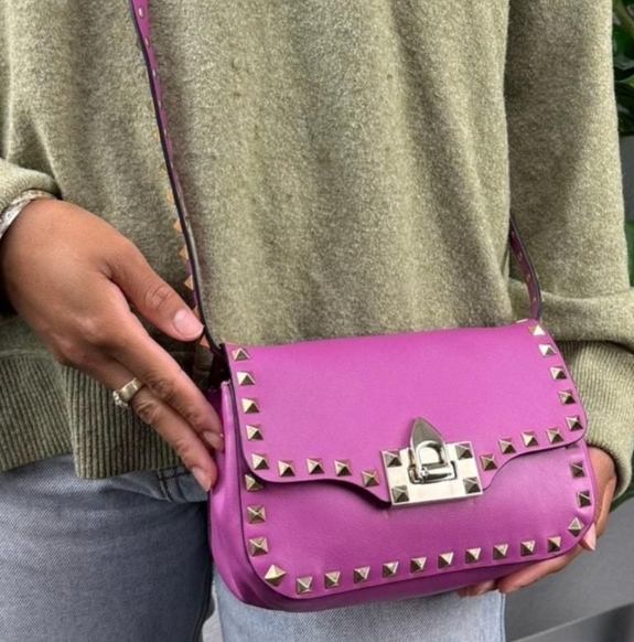 Authentic Valentino Garavani Rockstud Flip Lock Mini Crossbody Bag in Pink Leather