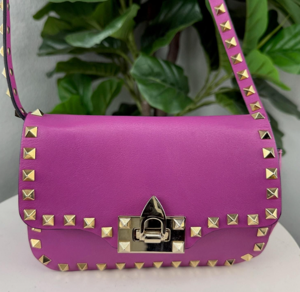 Authentic Valentino Garavani Rockstud Flip Lock Mini Crossbody Bag in Pink Leather